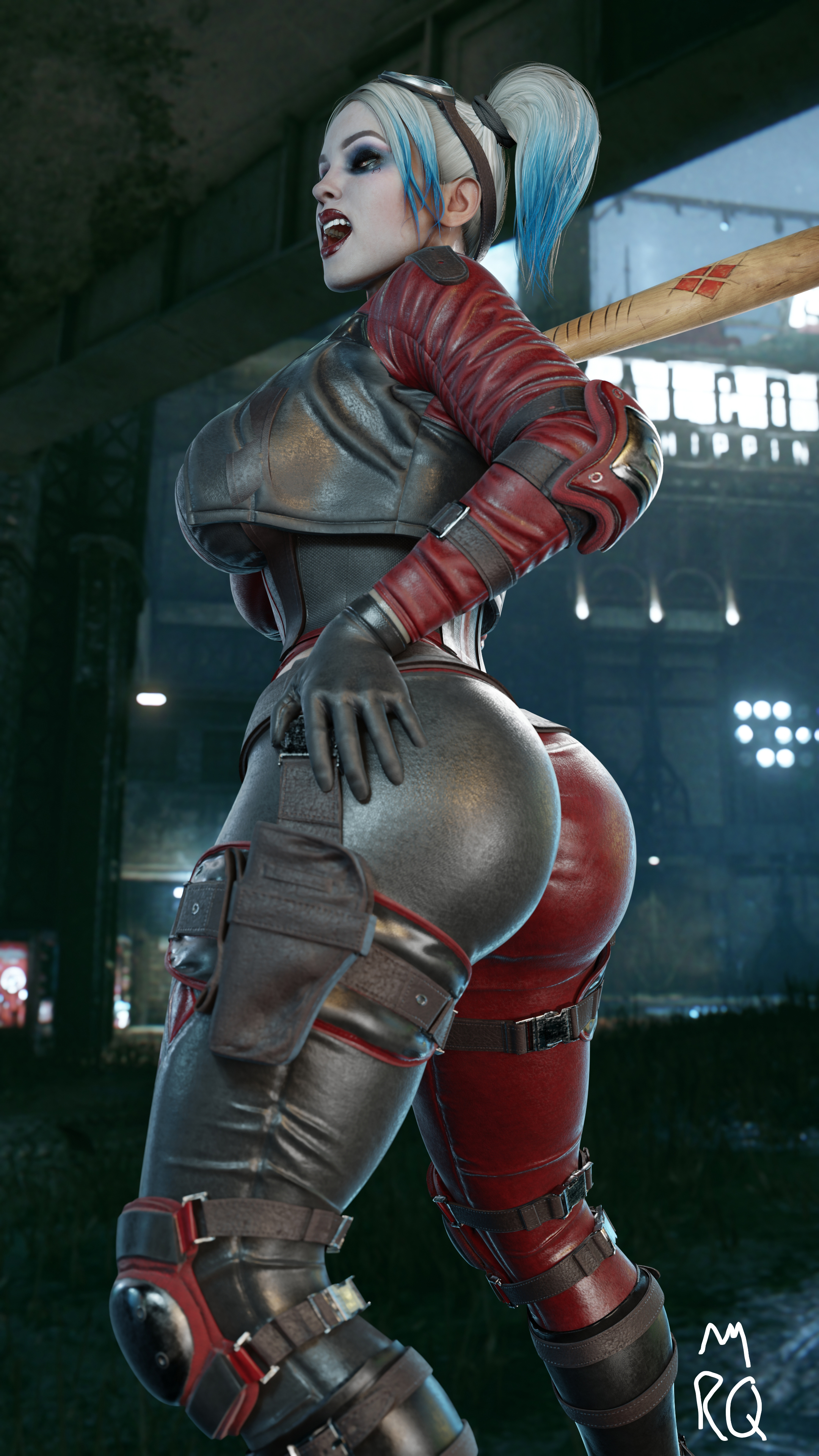 1girls, 3d, 3d (artwork), 3d model, ass, baseball bat, batman (series), big ass, big breasts, black gloves, breasts, dc, dc comics, female, full color, fully clothed, gloves, harley quinn, harley quinn (injustice), injustice 2, leather gloves, no penetration, solo, solo female, the rat queen
