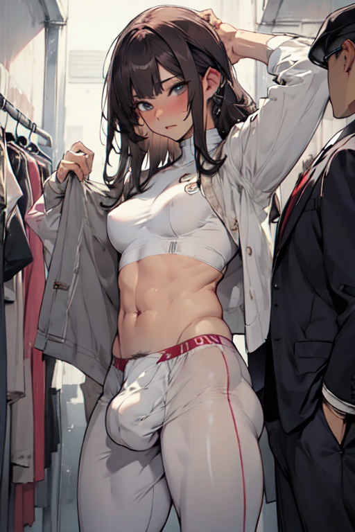 ai_generated bare_midriff brown_hair bulge bulge_through_clothing clothes_store fit fit_futanari futa_only futanari long_hair looking_at_viewer original original_character partially_clothed pixai raised_arm solo solo_futa store tight_clothing white_clothing white_pants