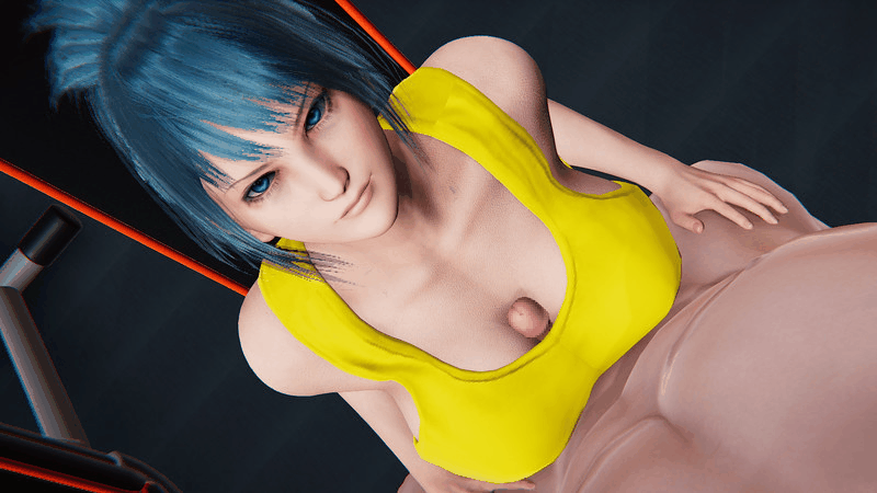 1boy 1girls alternate_breast_size animated animated_gif big_breasts blue_eyes blue_hair breasts cleavage earrings engulfing_paizuri female gym hands-free hands-free_paizuri huge_breasts ikari_warriors king_of_fighters large_breasts leona_heidern male paizuri paizuri_lead_by_female paizuri_on_lap penis ponytail snk straight tank_top tip_peeking white_female zeni-gin