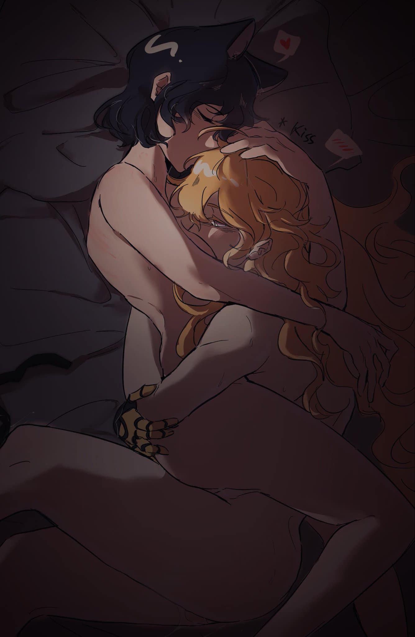 2girls artist_request bed black_hair blake_belladonna blonde_hair canon_couple cat_ears completely_nude cuddling female kissing_head lavender_eyes laying_on_bed moray_(artist) morayazure prosthetic_hand rwby sleeping wholesome yang_xiao_long yuri