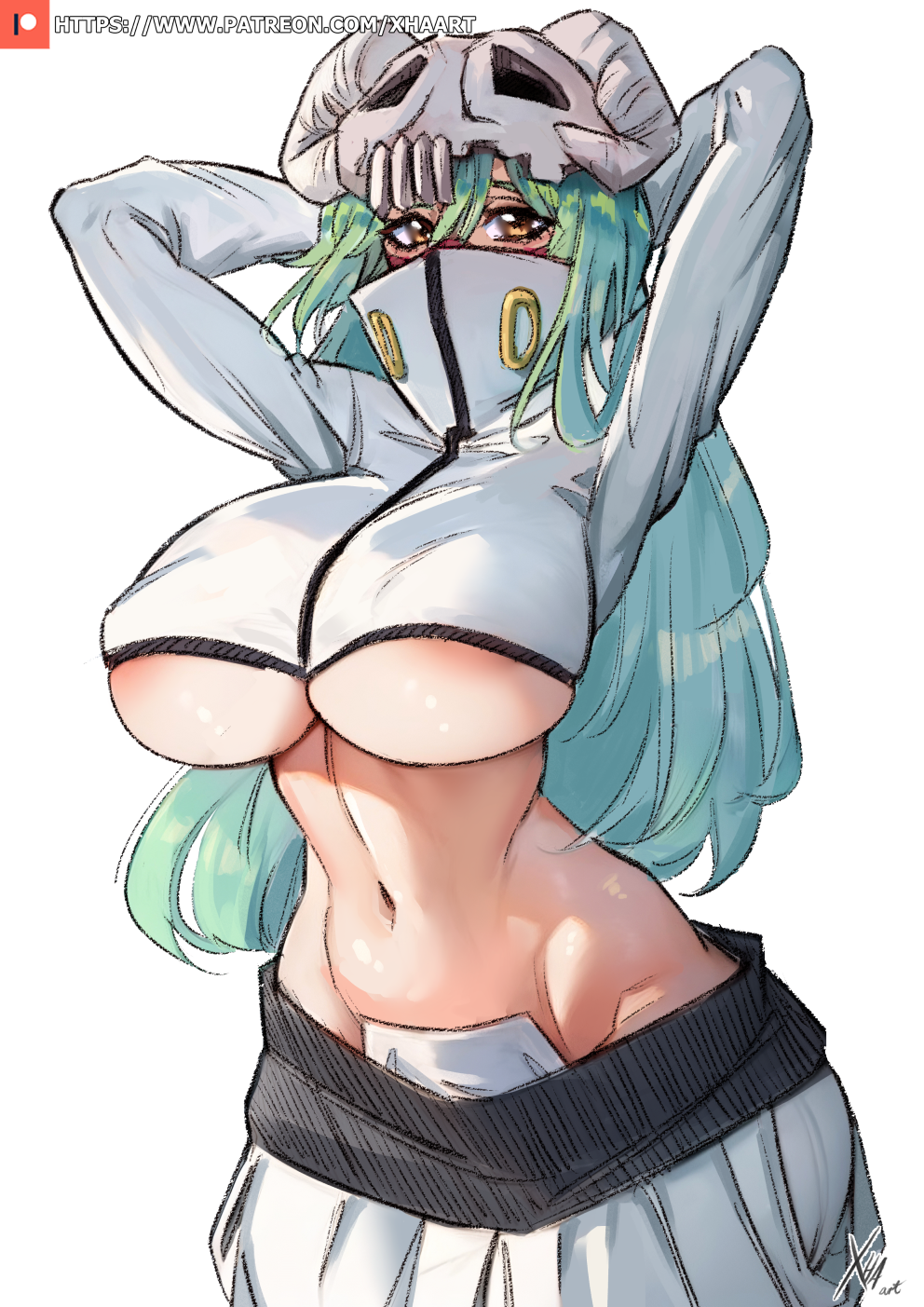 1girl 1girls big_breasts bleach breasts female female_only green_hair hourglass_figure huge_breasts large_breasts long_hair nelliel_tu_odelschwanck outfit_swap self_upload tia_harribel white_background wide_hips xhaart yellow_eyes