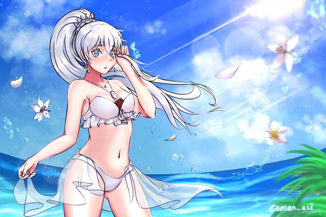 beach blue_eyes eye_scar kasanart rwby swimsuit weiss_schnee white_hair