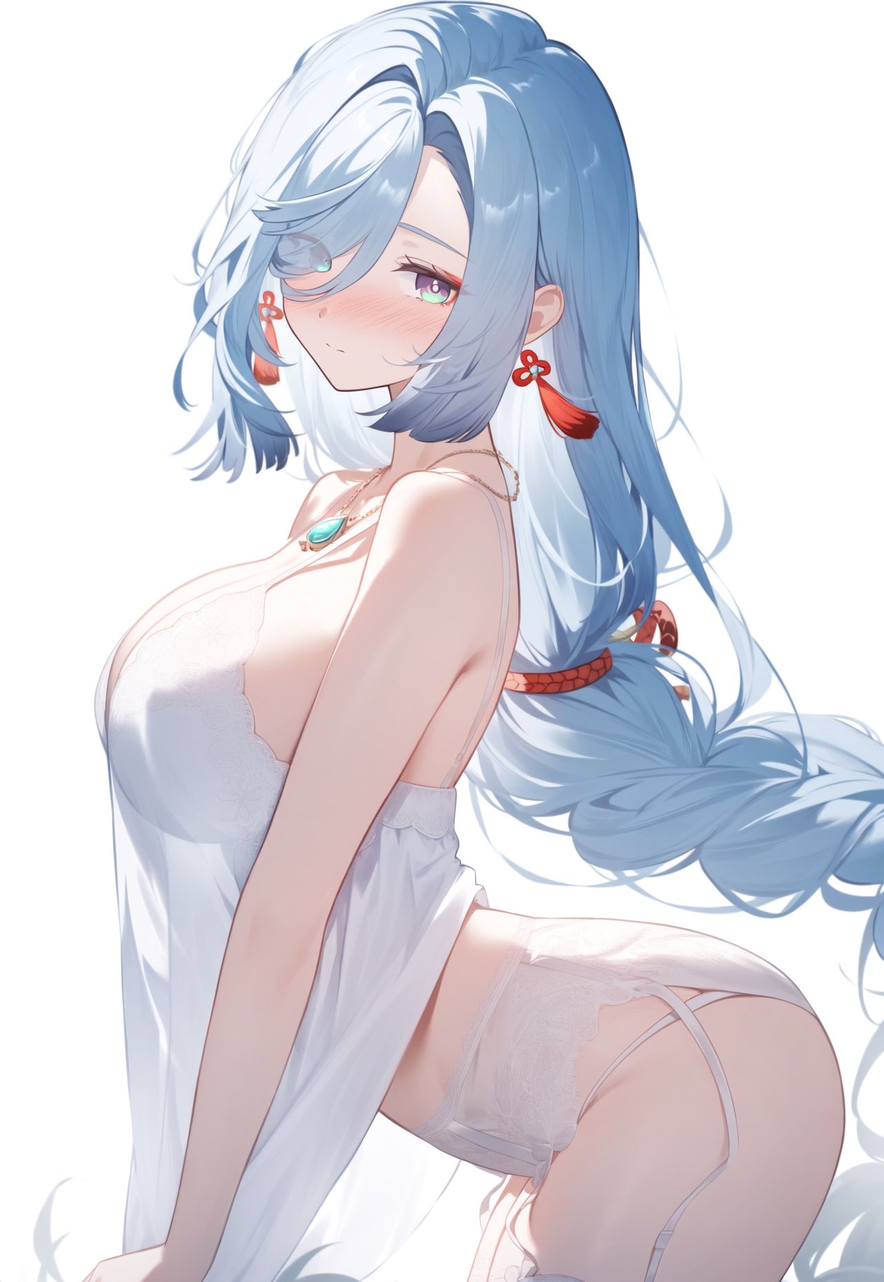 2d 2d_(artwork) 2d_artwork ai_generated arched_back back_arch big_ass big_breasts blue_eyes blue_hair blush blushing earrings garter_belt garter_straps genshin_impact hair_over_one_eye high-waist_panties hoyoverse lace-trimmed_panties leaning_forward lingerie long_hair looking_at_viewer necklace panties pinup pulling_shirt_down see-through see-through_clothing setsuaiart setsumanga sheer sheer_clothing shenhe_(genshin_impact) shirt_pull side_view slim_waist stockings thick_thighs thighhighs tied_hair transparent_clothing underwear white_hair