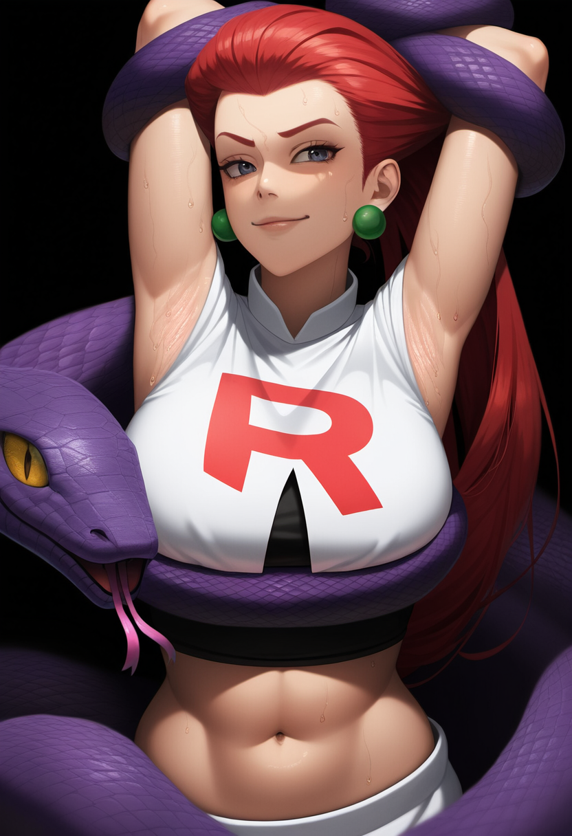 ai_generated arms_up belly belly_button bondage consensual_bondage constricted ekans grey_eyes happy jessie_(pokemon) long_hair looking_at_viewer offering_sex pokemon pokemon_(species) red_hair smirk smirking smirking_at_viewer snake su_whore_(artist) sweat sweating sweaty sweaty_armpits team_rocket wrapped wrapped_up