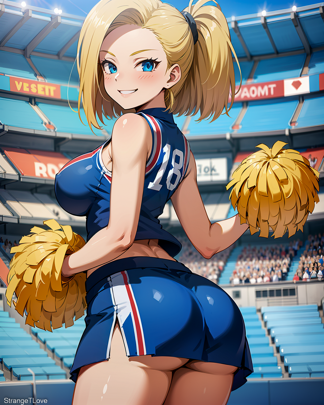 ai_generated android_18 ass blonde_hair blue_eyes cheerleader cheerleader_uniform different_hair_style dragon_ball dragon_ball_z from_side hair_scrunchie large_breasts nipple_bulge pom_poms ponytail skirt smile solo_female stadium_background strangetlove watermark