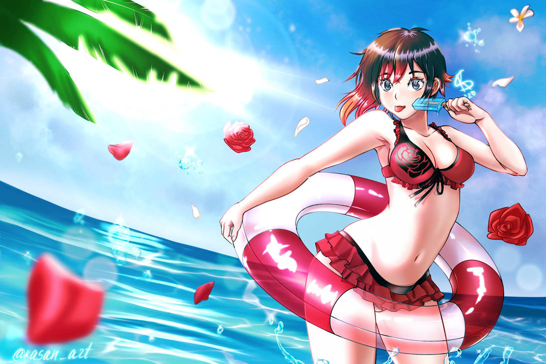 1girls beach female female_only human kasanart red_hair ruby_rose rwby silver_eyes solo swimsuit