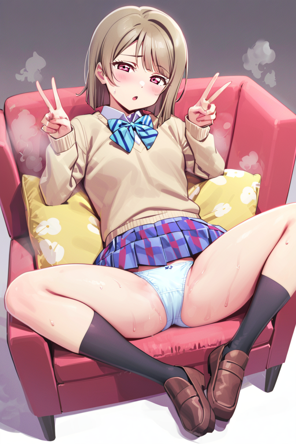 1girls :o ai_generated blush brown_hair double_v female love_live! love_live!_nijigasaki_high_school_idol_club nakasu_kasumi only_female open_legs panties peace_sign red_eyes school_uniform short_hair showing_panties sitting smoke socks_and_shoes spread_legs