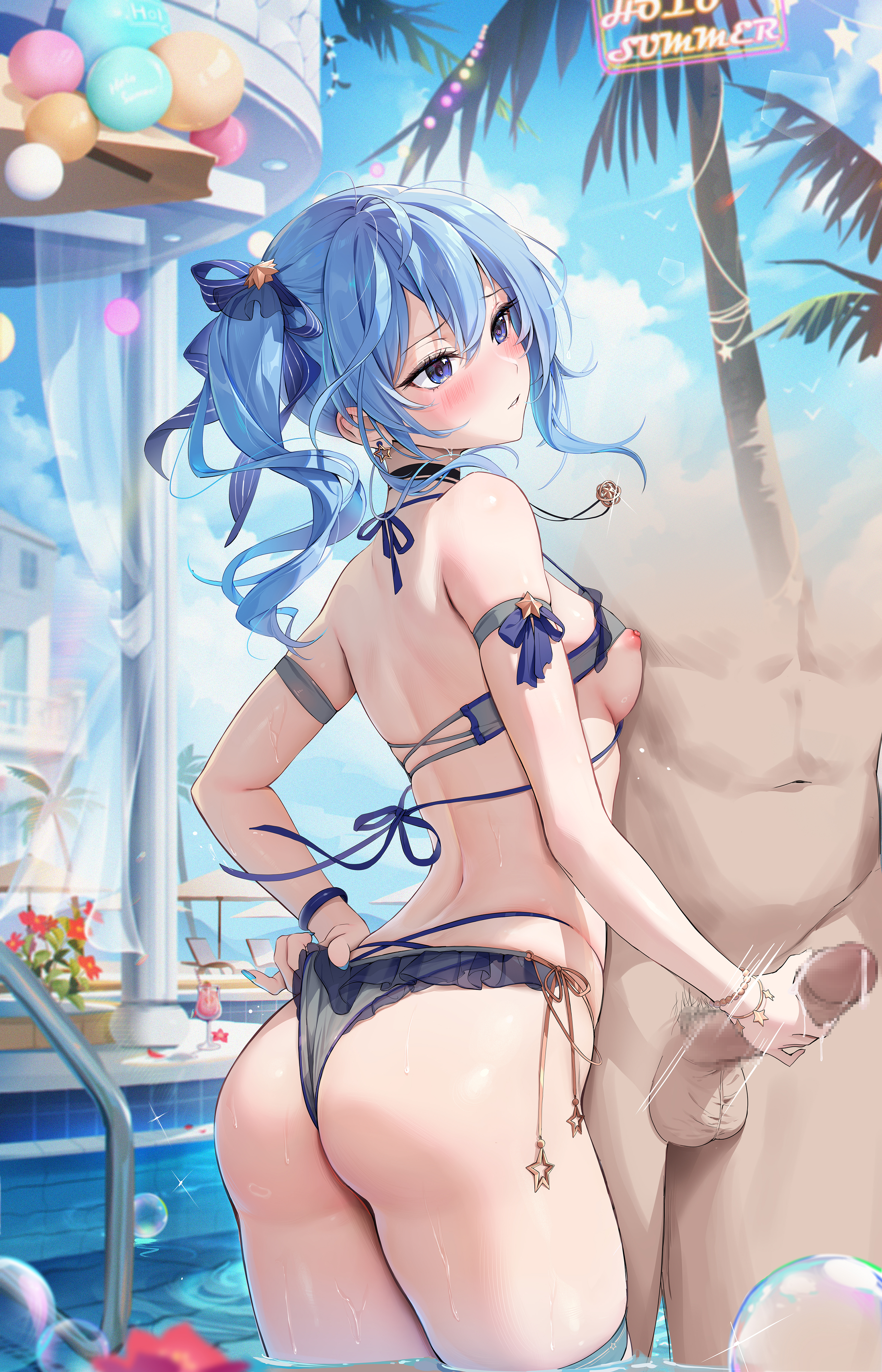 1boy, 1girls, ass, balls, bare shoulders, blue eyes, blue hair, blue ribbon, blush, breasts, censored, cum, female, hair between eyes, hair ribbon, handjob, hololive, hololive gen 0, hololive japan, hoshimachi suisei, houkiboshi (mmjw7432), male, male pubic hair, medium hair, mosaic censoring, nipples, outdoors, outside, penis, pool, pubic hair, small breasts, solo focus, straight, testicles, virtual youtuber