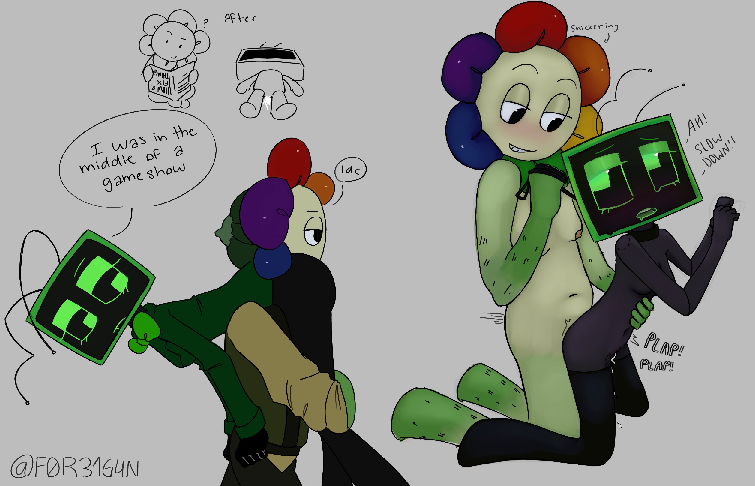 bite marks, carrying, dandy (dandy's world), dandy's world, f0r31g4n, female, leash and collar, straight, vee (dandy's world)