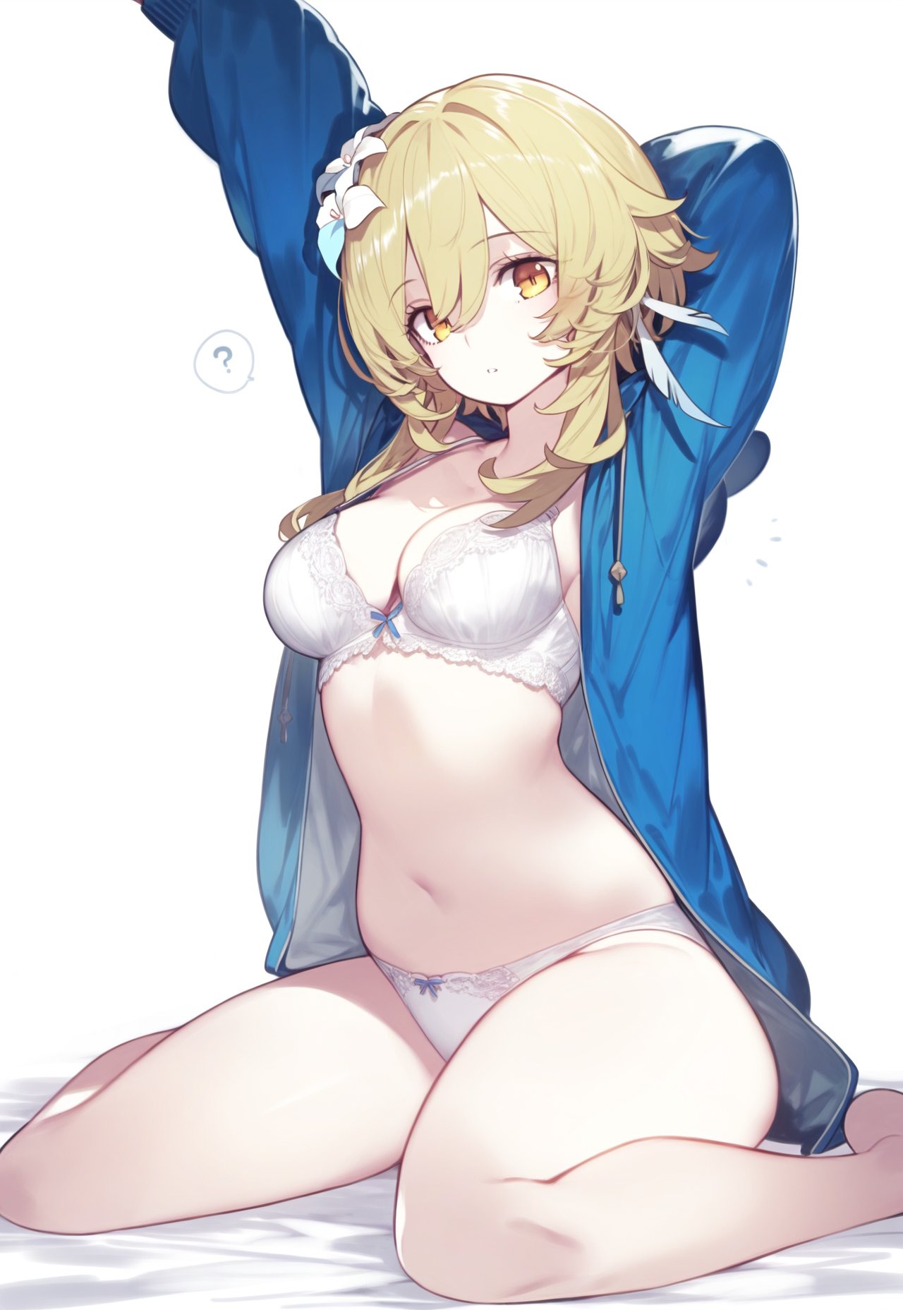 ai generated, arms up, big breasts, blonde hair, bra, breasts, brown hair, female, flower in hair, genshin impact, hair ornament, hoyoverse, kneeling, lingerie, lingerie only, long sleeves, looking at viewer, lumine (genshin impact), open clothing, open jacket, panties, question mark, setsuaiart, slim waist, spread legs, teenager, thick thighs, underwear, wide hips