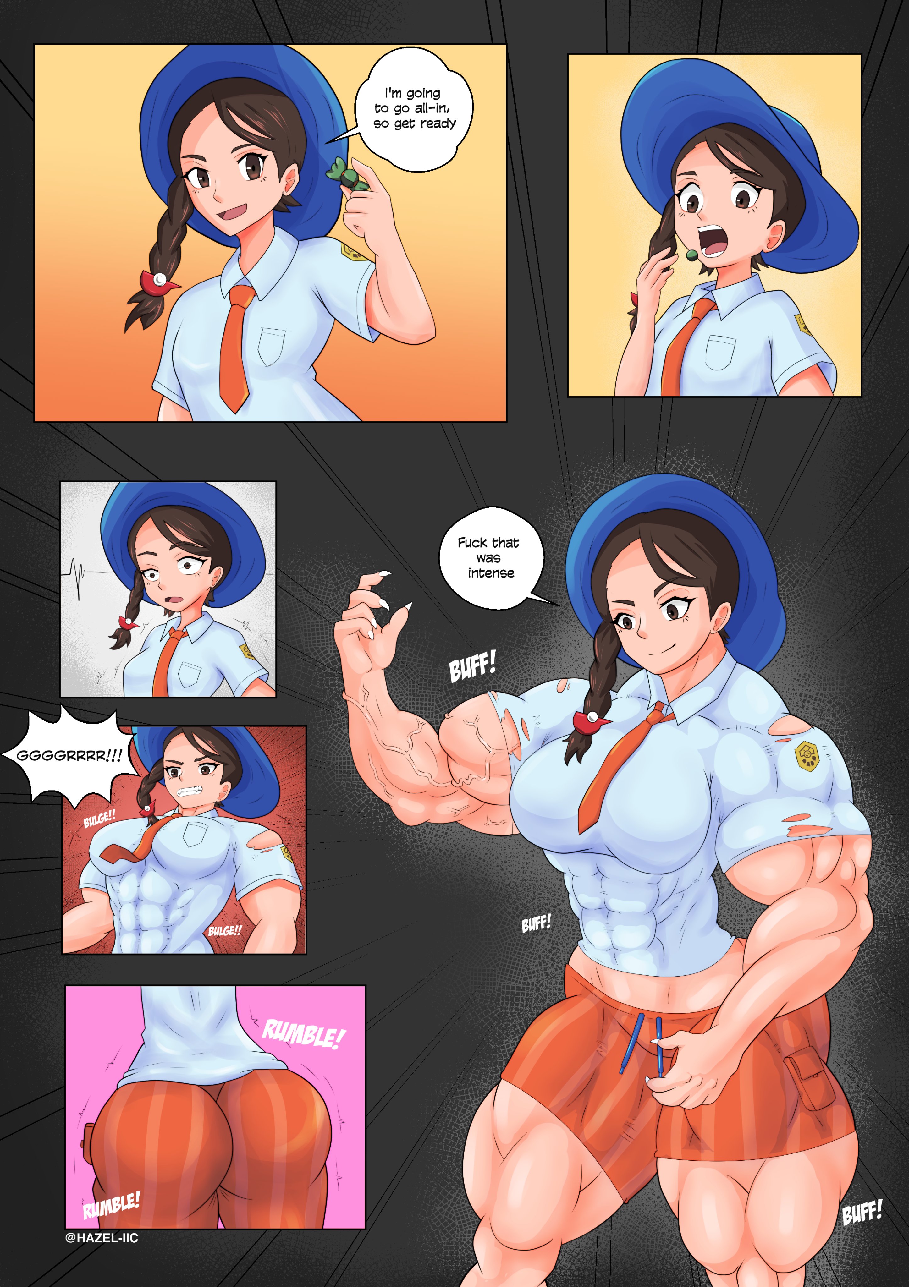 abs, biceps, female, hazel iic, hyper muscles, juliana (pokemon), muscle growth, muscles, muscular, muscular female, pokemon, pokemon sv, thick thighs, torn clothes, transformation