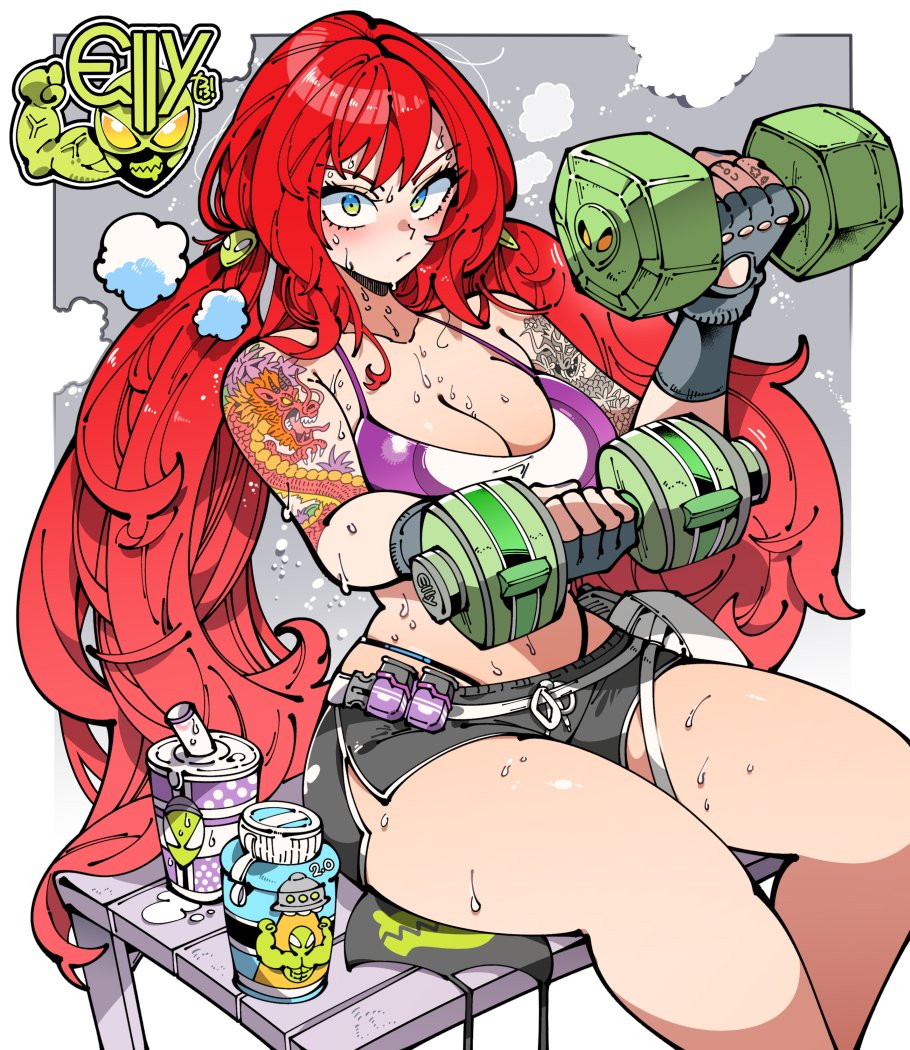 1girls big_breasts breasts cleavage clothed dumbbell elly_(vtuber) exercise female female_only green_eyes gym gym_clothes indie_virtual_youtuber kafun long_hair looking_at_viewer red_hair shorts solo solo_focus sports_bra sweat sweatdrop sweating tattoo tattooed_arm tattoos virtual_youtuber vtuber weightlifting weights working_out workout workout_clothes workout_clothing