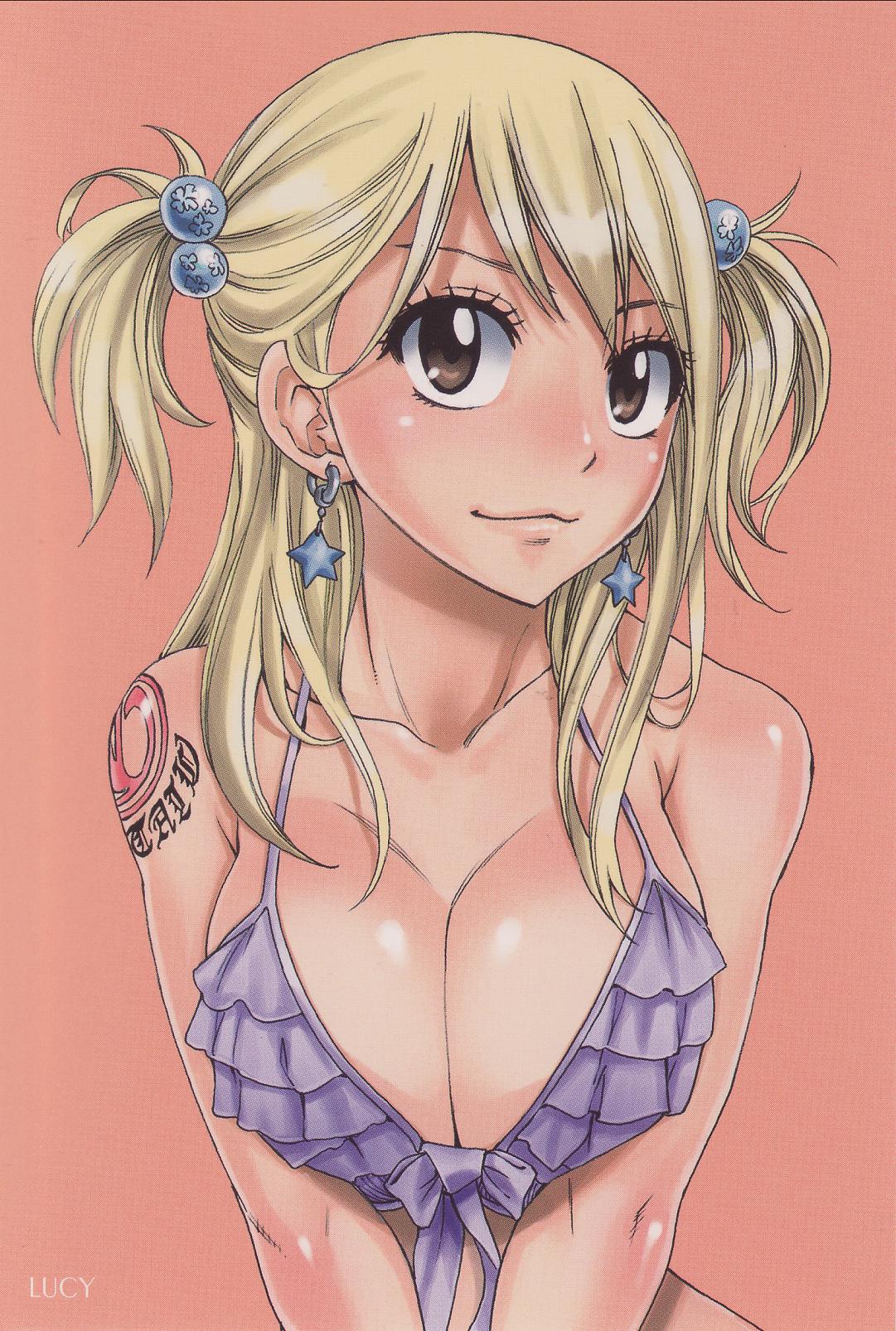 :3, bikini top, blonde hair, breasts, brown eyes, cleavage, earrings, fairy tail, female, female only, highres, human, jewelry, large breasts, lucy heartfilia, mashima hiro, shounen jump, solo, star, tattoo, two side up