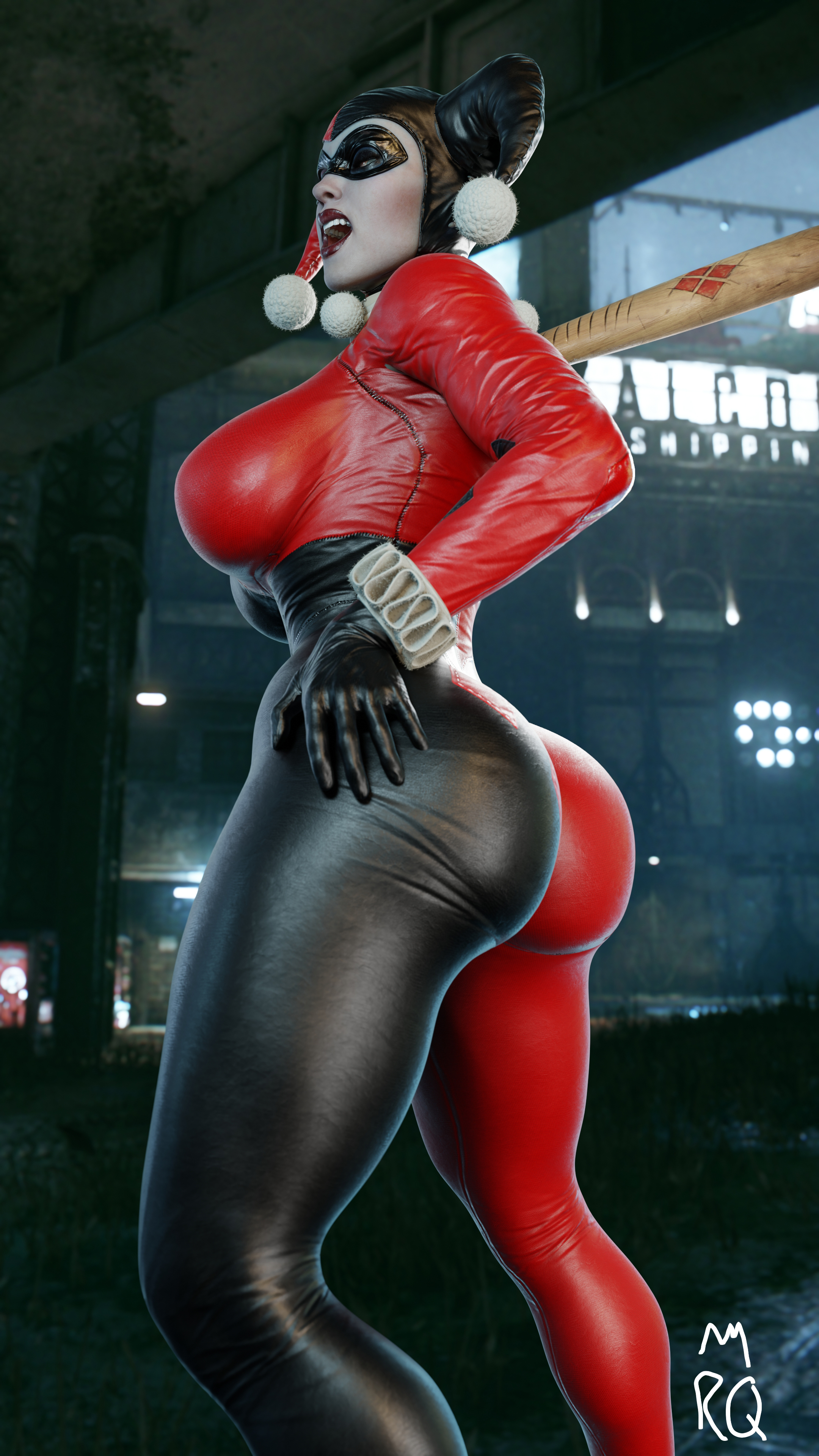 1girls, 3d, 3d (artwork), 3d model, ass, baseball bat, batman (series), batman: arkham knight, big ass, big breasts, breasts, dc, dc comics, female, full color, fully clothed, harley quinn, harley quinn (classic), harley quinn (injustice), injustice 2, no penetration, no sex, solo, solo female, the rat queen