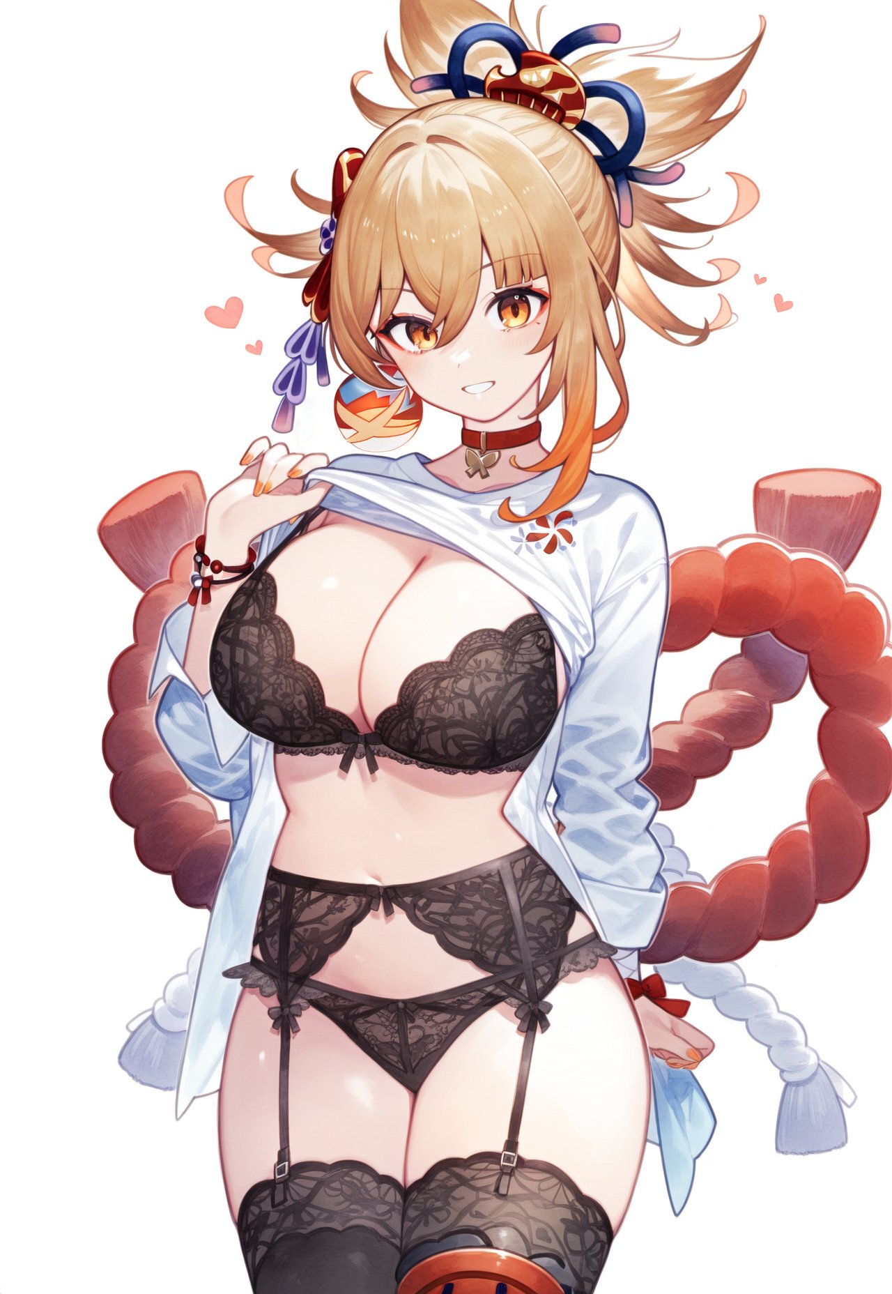 ai generated, belly button, big breasts, blonde hair, breasts, brown eyes, choker, female, garter belt, garter straps, genshin impact, hair ornament, hoyoverse, lingerie, lingerie only, long hair, long sleeves, looking at viewer, necklace, open shirt, setsuaiart, shimenawa, shirt lift, shirt up, slim waist, smiling at viewer, stockings, teenager, thick thighs, thigh highs, thighhighs, tied hair, underwear, wide hips, yoimiya (genshin impact)