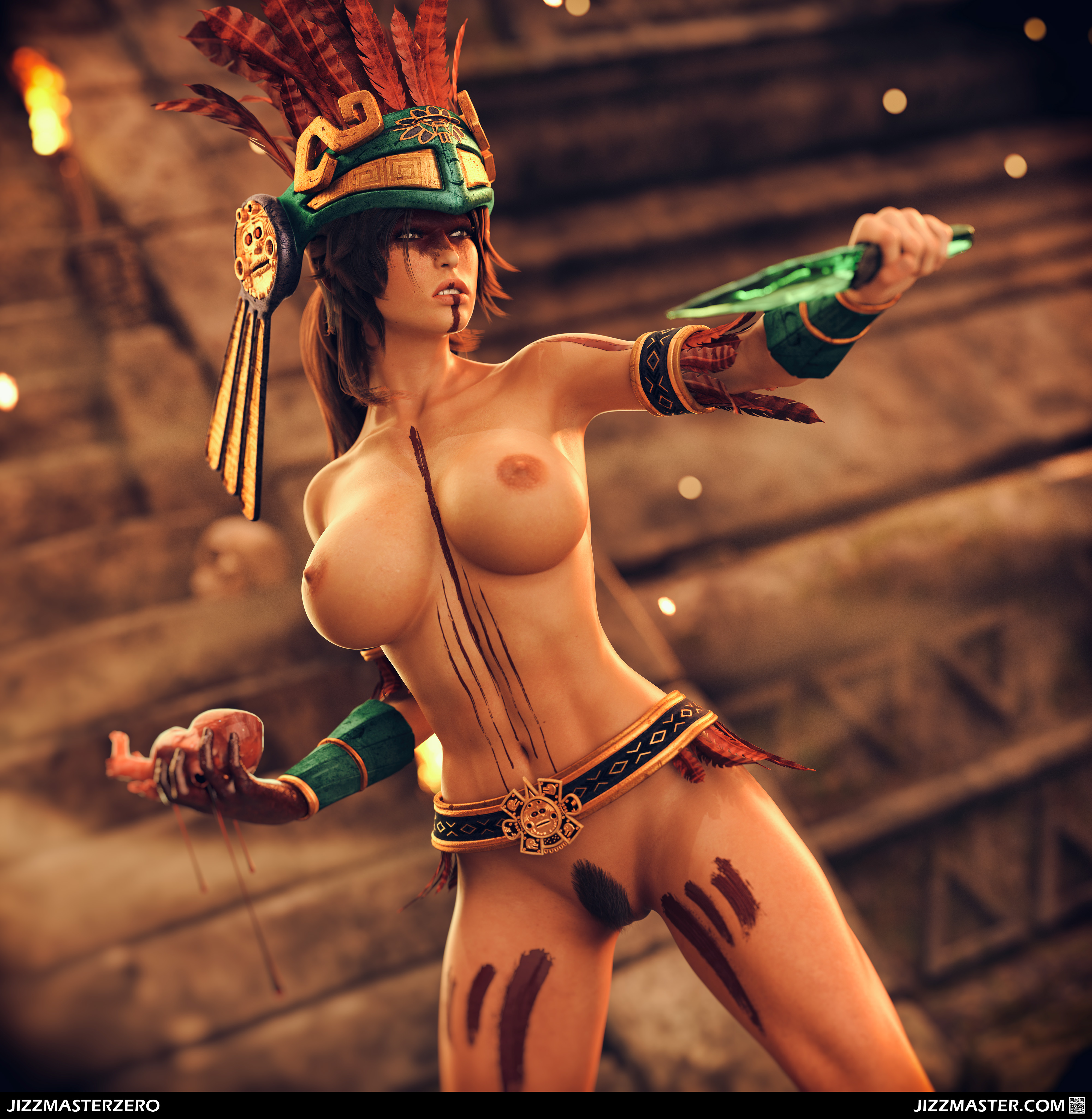 3d, 3d (artwork), aztec, blood, bodypaint, breasts, brown hair, daz studio, feathers, female, jizzmasterzero, knife, lara croft, lara croft (survivor), nipples, nude, nude female, ponytail, pubic hair, tagme, tomb raider, tomb raider (survivor), tribal, tribal clothing, tribal jewelry, tribal markings, warrior