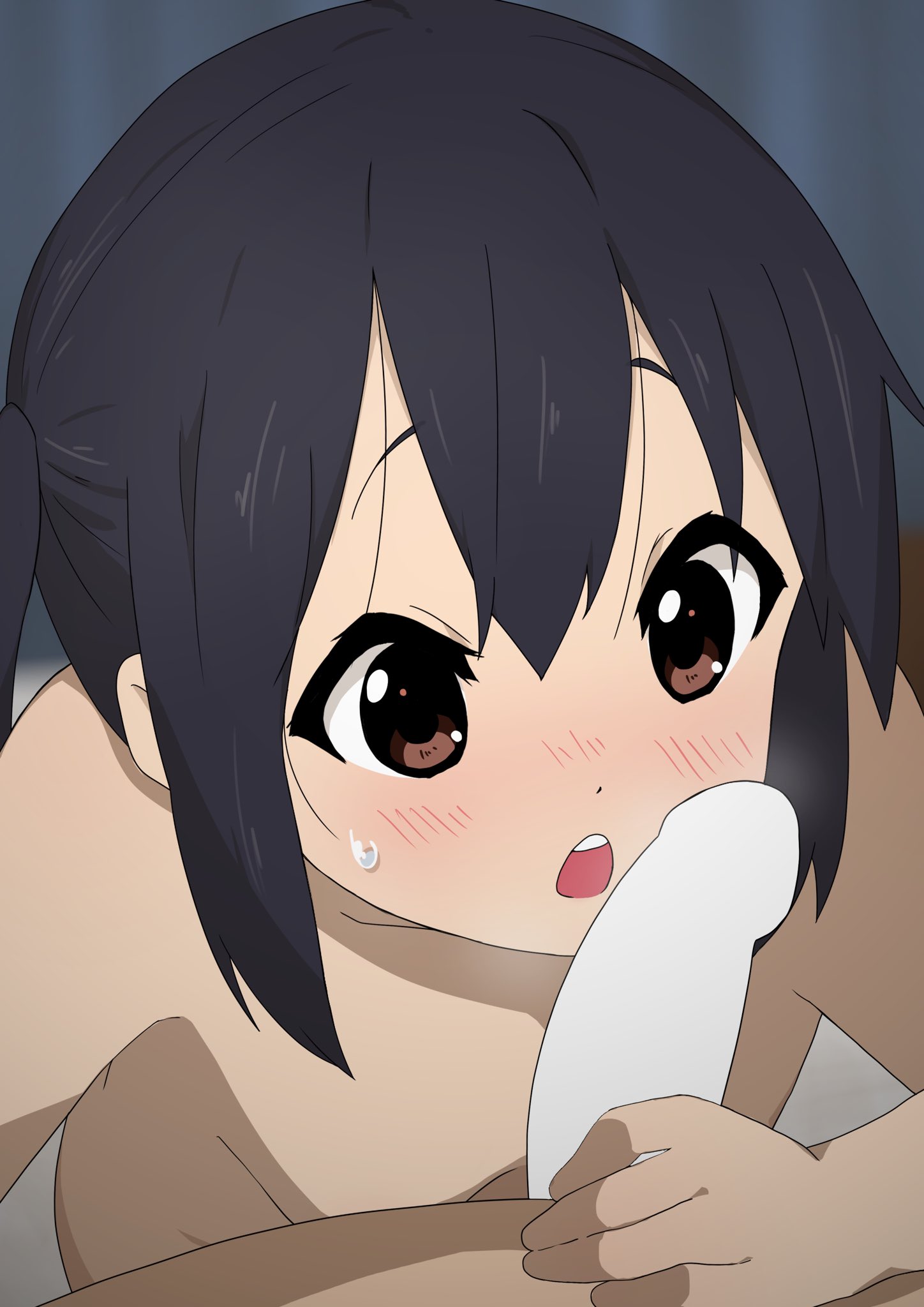 1boy 1girls azusa_nakano_(k-on!) black_hair blank_censor blush brown_eyes censored commentary_request commission completely_nude female hair_between_eyes highres k-on! kicchi_(tmgk) long_hair nude open_mouth penis penis_awe skeb_commission solo_focus straight teeth twintails upper_teeth_only young