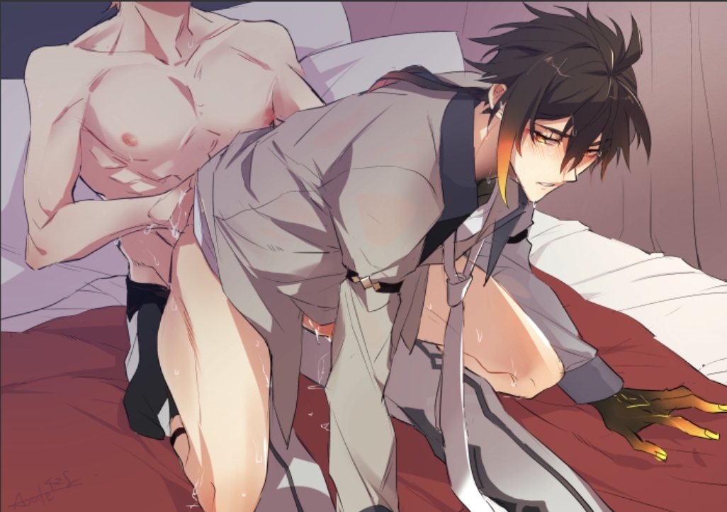 2boys, childe (genshin impact), gay, genshin impact, male, male only, tartaglia (genshin impact), yaoi, zhongli (genshin impact)