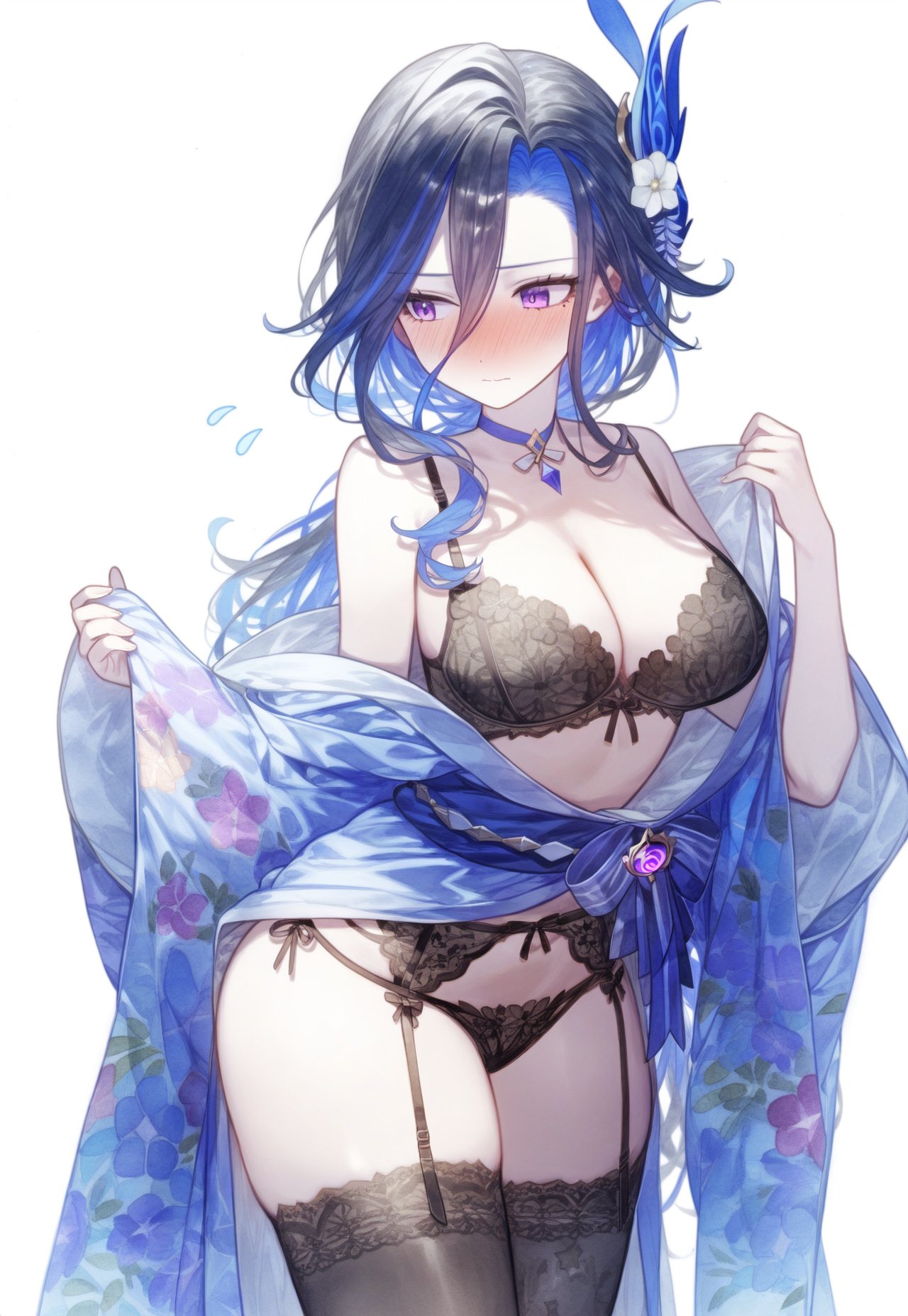 ai_generated big_ass big_breasts big_butt black_hair black_stockings blue_hair blush bra choker clorinde_(genshin_impact) dress_down dress_lift embarrassed embarrassed_female garter_belt garter_straps genshin_impact hoyoverse lingerie lingerie_only necklace panties purple_eyes setsuaiart simple_background slim_waist solo stockings teenager thick_thighs thighhighs tied_hair two_tone_hair underwear white_background wide_hips