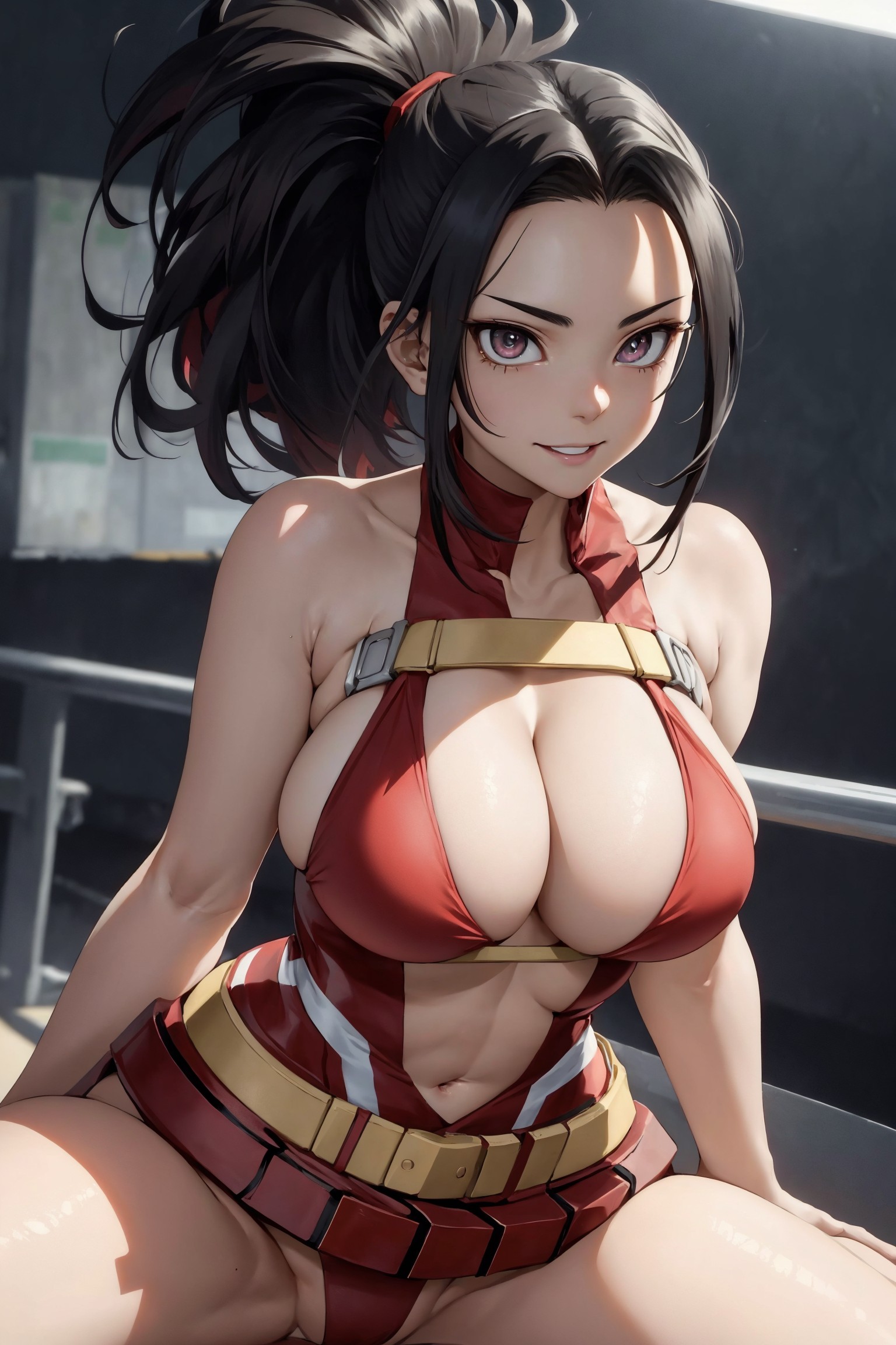 1girls, 2d, ai generated, big breasts, boku no hero academia, breasts, female, league69, legs apart, momo yaoyorozu, my hero academia, pink eyes, ponytail, yaoyorozu momo (hero outfit)