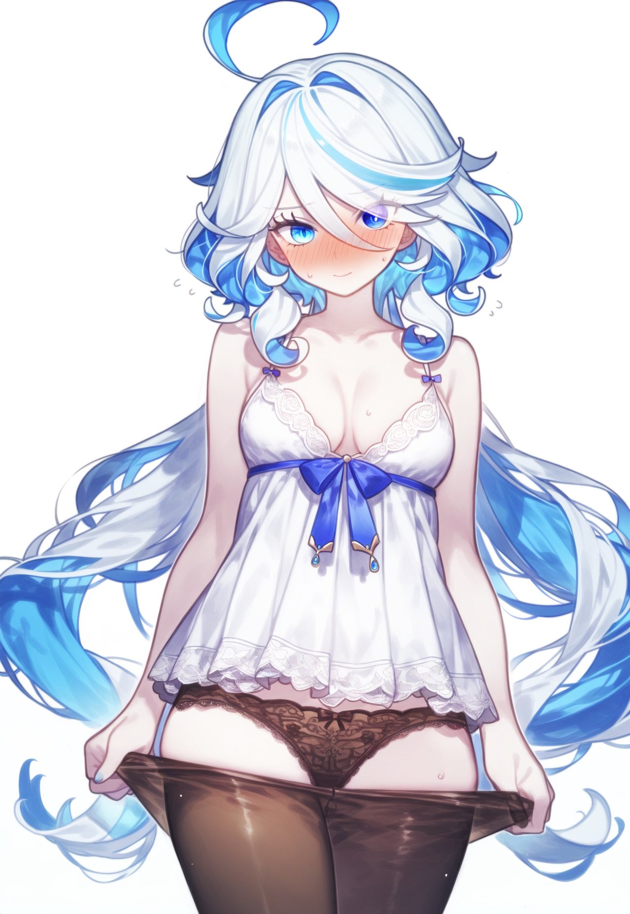 ai_generated blue_eyes blue_hair blush breasts embarrassed embarrassed_female furina_(genshin_impact) genshin_impact hoyoverse lingerie long_hair looking_at_viewer panties pants_down pants_removed pantyhose petite petite_body petite_female setsuaiart slim_waist teenager two_tone_hair white_hair wide_hips