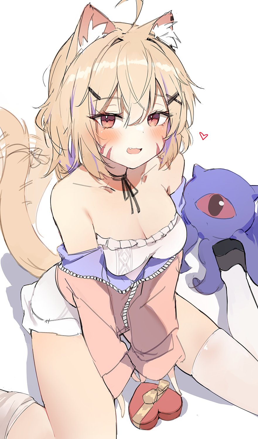 :d, 1girls, ahoge, animal ear fluff, animal ears, bangs, bare shoulders, blonde hair, blush, breasts, camisole, cat ears, cat girl, cat tail, catgirl, choker, cleavage, collarbone, dog tail, dress, eyebrows visible through hair, face markings, fangs, female, fox ears, fox tail, gift, hair between eyes, hair ornament, hairclip, heart, jacket, long hair, long sleeves, looking at viewer, medium breasts, off shoulder, open clothes, open jacket, open mouth, red eyes, short shorts, shorts, single thighhigh, sitting, sleeveless, sleeveless dress, sleeves past wrists, smile, solo, squchan (vtuber), striped, tail, tail raised, tail wagging, thighhighs, virtual youtuber, vyugen, wariza, white background, white legwear, x hair ornament