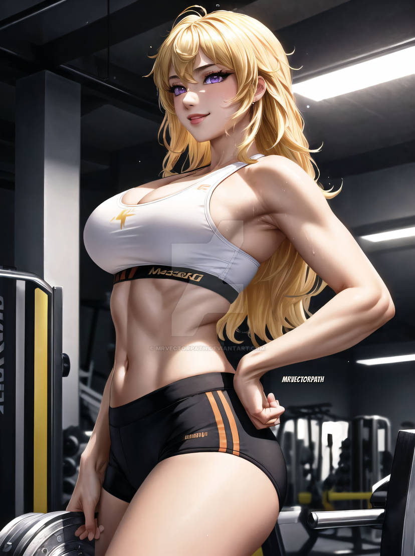 1girls ai_generated ai_hands athletic_female blonde_hair breasts clothes clothing female fit fit_female gym gym_clothes gym_uniform hand_on_hip lavender_eyes long_hair midriff mrvectorpath navel purple_eyes rwby shorts smiling solo workout_clothing yang_xiao_long