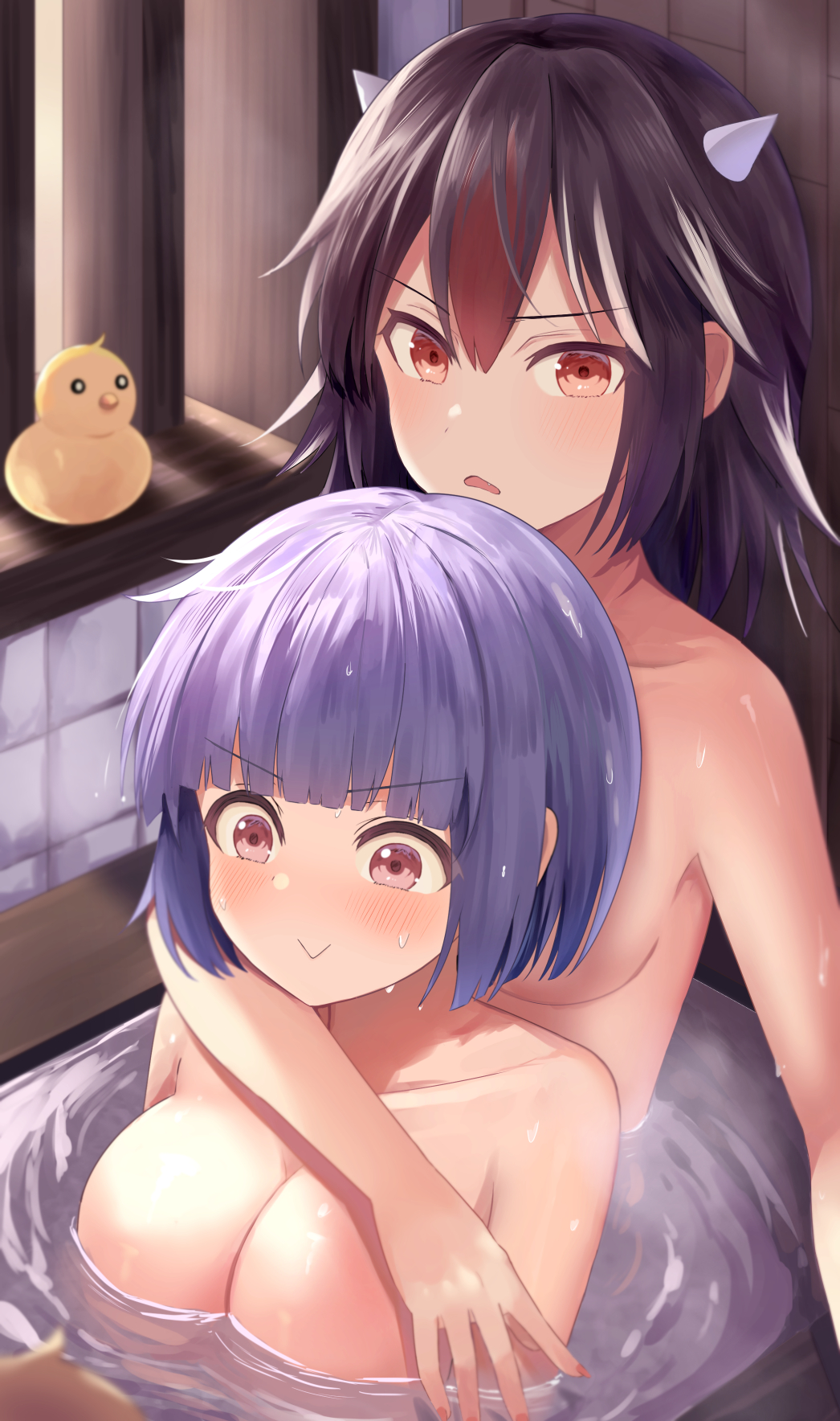 2girls :> alternate_breast_size bad_id bad_pixiv_id black_hair blunt_bangs blush breasts closed_mouth cone_horns couple fingernails grey_horns highres horns indoors kijin_seija large_breasts medium_breasts medium_hair multicolored_hair multiple_girls nude oerba_yun_fang parted_lips purple_hair red_eyes red_hair rubber_duck same-sex_bathing seija_kijin shared_bathing short_hair streaked_hair sukuna_shinmyoumaru suzugahama touhou water wet white_hair yuri