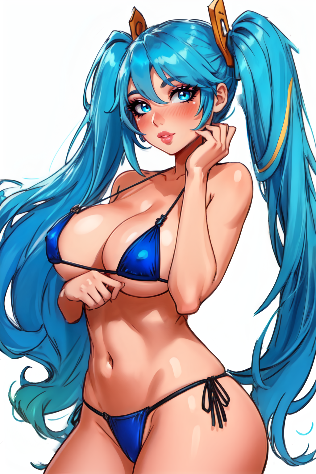 ai_generated bikini blue_eyes blue_hair league_of_legends long_hair micro_bikini patreon patreon_exclusive sona_buvelle teaser teaser_image twintails wardens