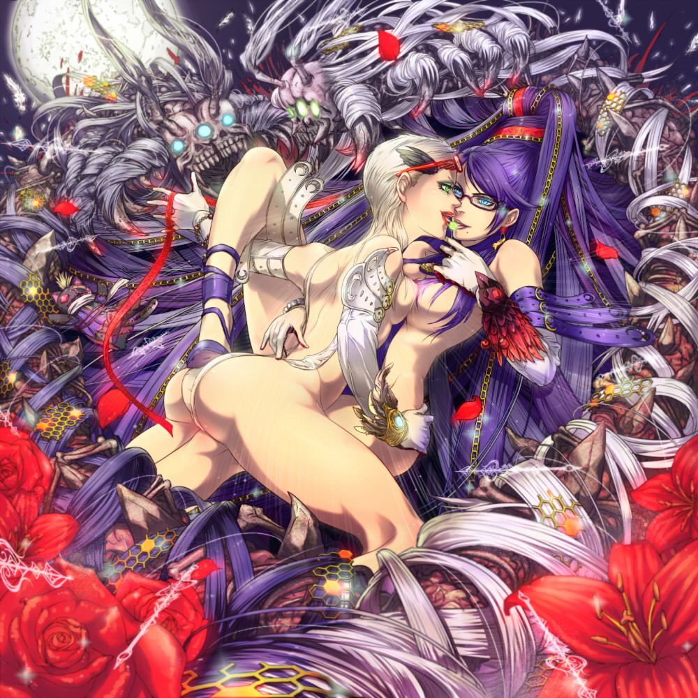 2girls ass bare_back bayonetta bayonetta_(character) beauty_mark blonde_hair blue_eyes bracelet breast_press breasts chains earrings elbow_gloves eye_contact female flower glasses glasses_on_head gloves glowing glowing_eyes green_eyes hair hair_bun hair_ornament imminent_kiss jeanne_(bayonetta) jewelry kan-nagi lipstick lollipop long_hair looking_at_another makeup mole monster moon multiple_girls purple_hair red_ribbon ribbon rose scolopendra_(bayonetta) sega short_hair skull strap symmetrical_docking very_long_hair white_hair yuri