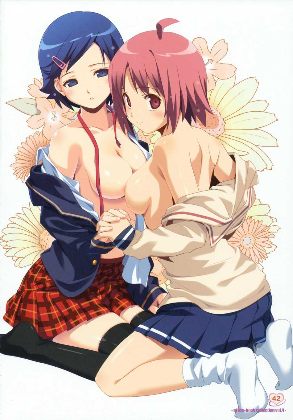 2girls blue_eyes blue_hair breasts female hair kneeling koutaro looking_at_viewer multiple_girls nijiiro_zakura page_42 page_number red_eyes red_hair school_uniform schoolgirl short_hair socks volume_4 yuri