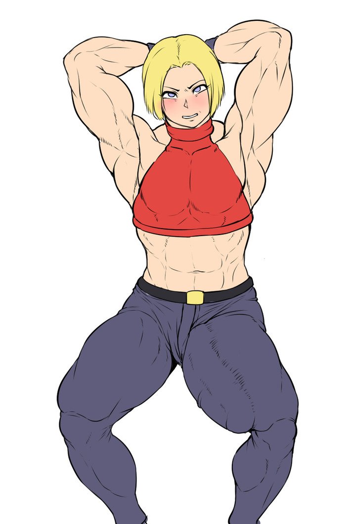 1boy androgynous arms_behind_head blonde blonde_hair blue_mary blushing bulge erect fatal_fury flat_colors genderswap genderswap_(ftm) hands_behind_head huge_cock jeans king_of_fighters looking_at_viewer male muscular muscular_male navel penis penis_outline rule_63 sleeveless_turtleneck snk white_background wrong_(artist)