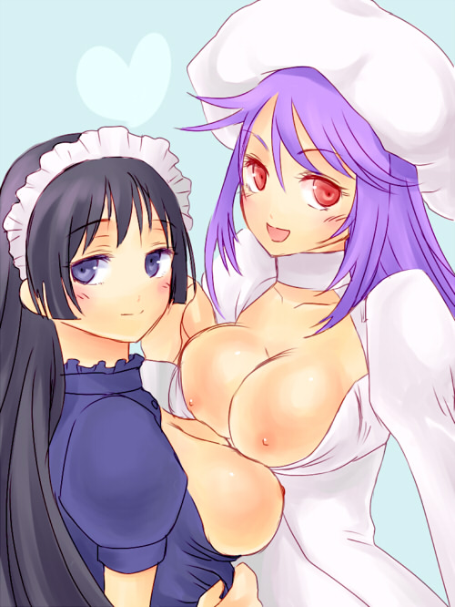 2girls atwight_eks black_hair blue_eyes blush breasts choker hat marian_fustel multiple_girls open_mouth purple_hair red_eyes smile tales_of_(series) tales_of_destiny