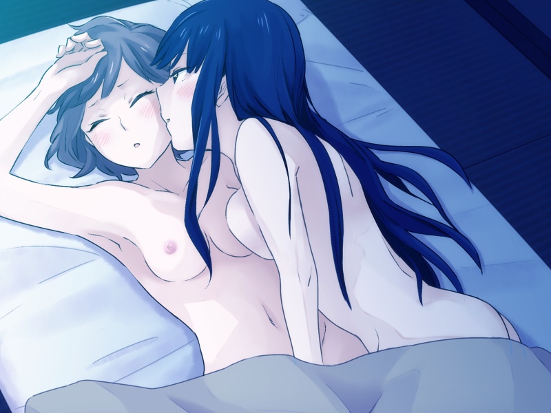 2girls armpits bed black_hair breasts character_request female fingering liar-soft long_hair multiple_girls night nude okujou_no_yurirei-san sex under_covers yuri