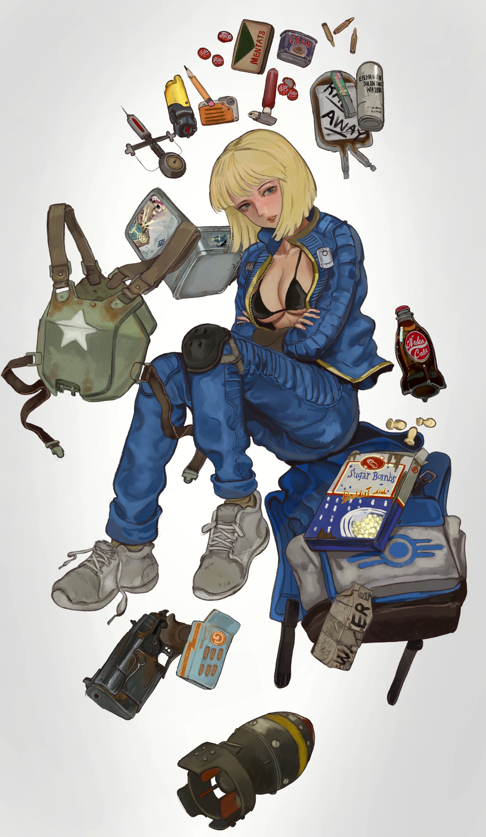 101ho, 10mm pistol, 1girls, 2025, 2d, 2d (artwork), ammo, ammo box, ammunition, big breasts, blonde female, blonde hair, blonde-haired female, blue eyes, bomb, bra, breasts, cereal, chems, combat armor, drugs, equipment, fallout, female, female only, fusion core, items, lipstick, looking at viewer, mininuke, open shirt, pose, short hair, simple background, soda, solo, solo female, stimpack, vault dweller, vault girl, vault meat, vault suit, white background, white body, white skin