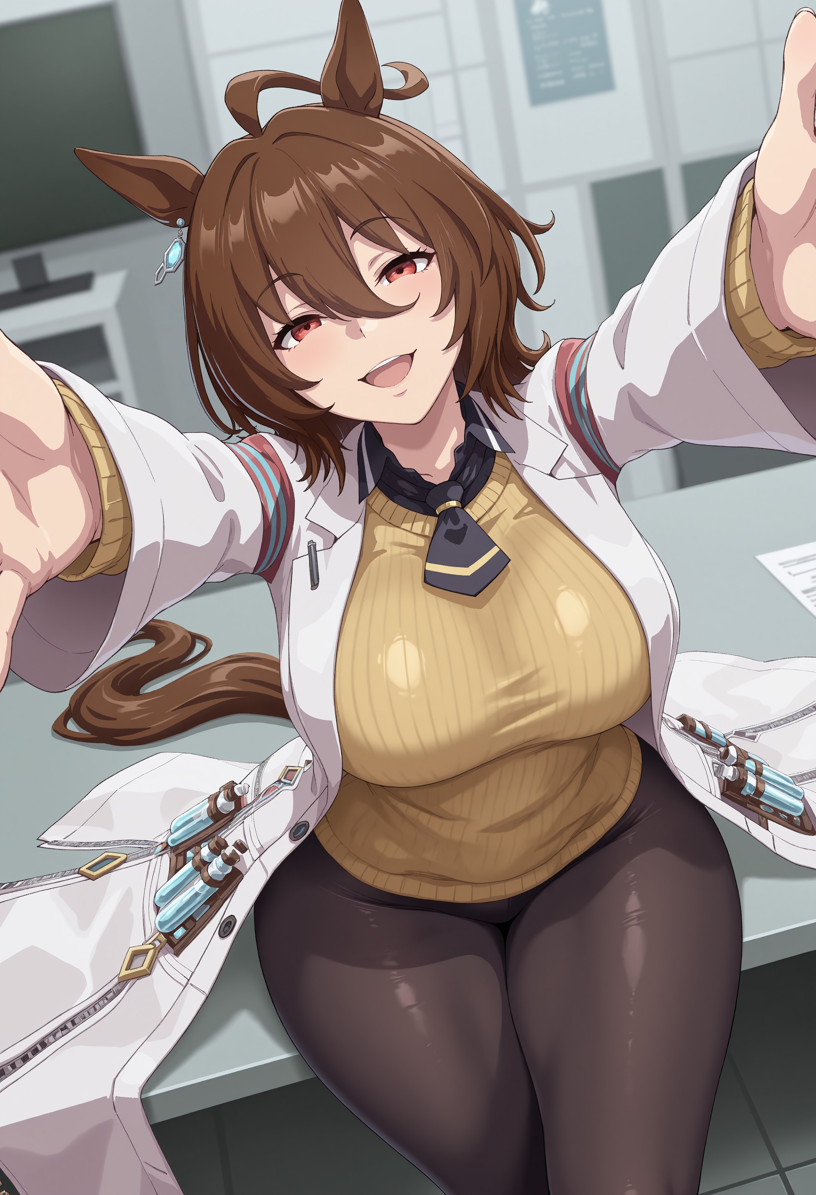 1girls, 2025, agnes tachyon (umamusume), ahoge, ai generated, alternate version available, big breasts, black pantyhose, blush, breasts, brown hair, coat, female, horse ears, horse girl, horse tail, indoors, lab coat, looking at viewer, open mouth, pantyhose, solo, sweater, thick thighs, thighs, umamusume, zhdreammer