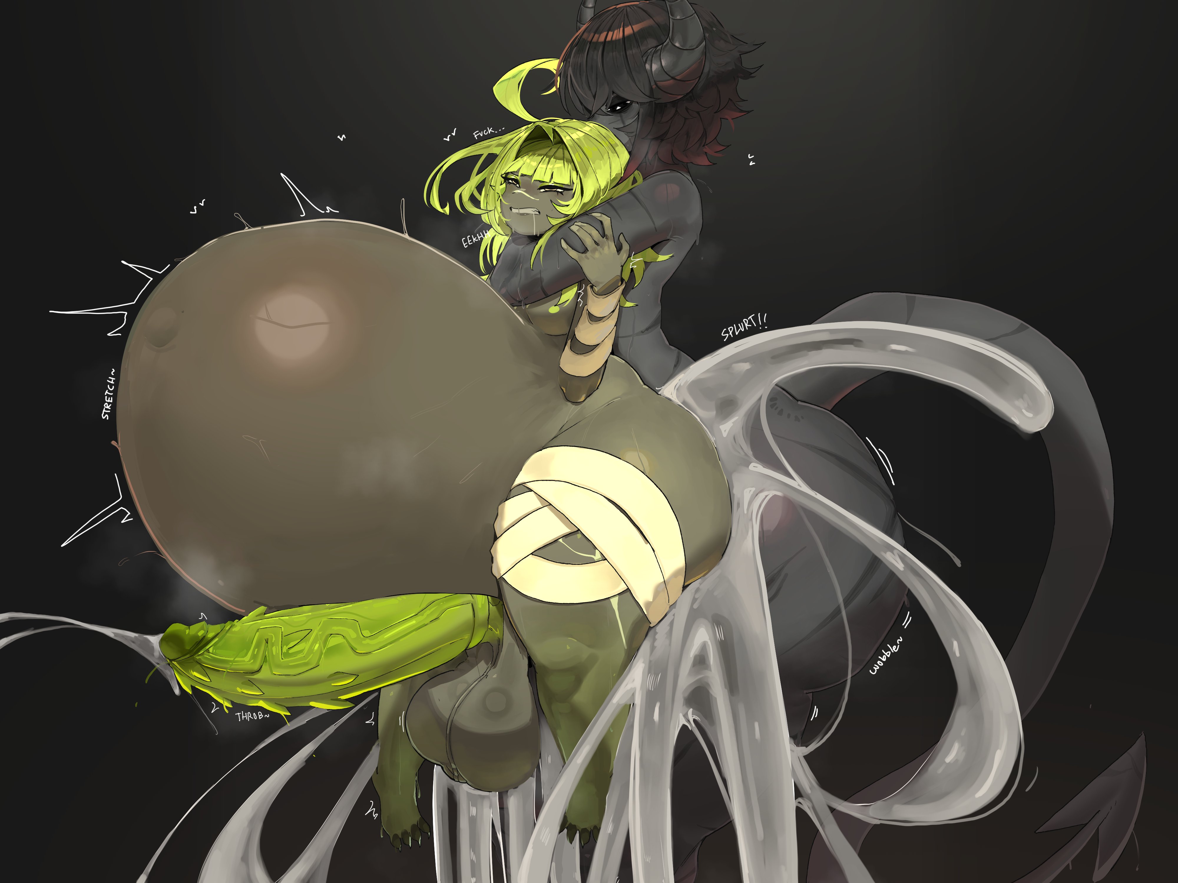 1boy, 1futa, 2d, alternate version available, anal, anal sex, atsuko 021, balls, balls sound effects, belly bulge, black hair, churning balls, colored glans, colored nipples, cum, cum in ass, cum inside, cumflation, demon, demon horns, demon tail, femboy, femboy on futa, from behind position, futanari, green glans, green hair, green nipples, green penis, grey skin, headlock, hung bottom, hung femboy, hung trap, hyper, hyper ass, hyper balls, hyper cum, hyper cumflation, hyper penis, intersex, male, male on futa, moaning, onomatopoeia, penis, plap (sound), tagme, tail, text