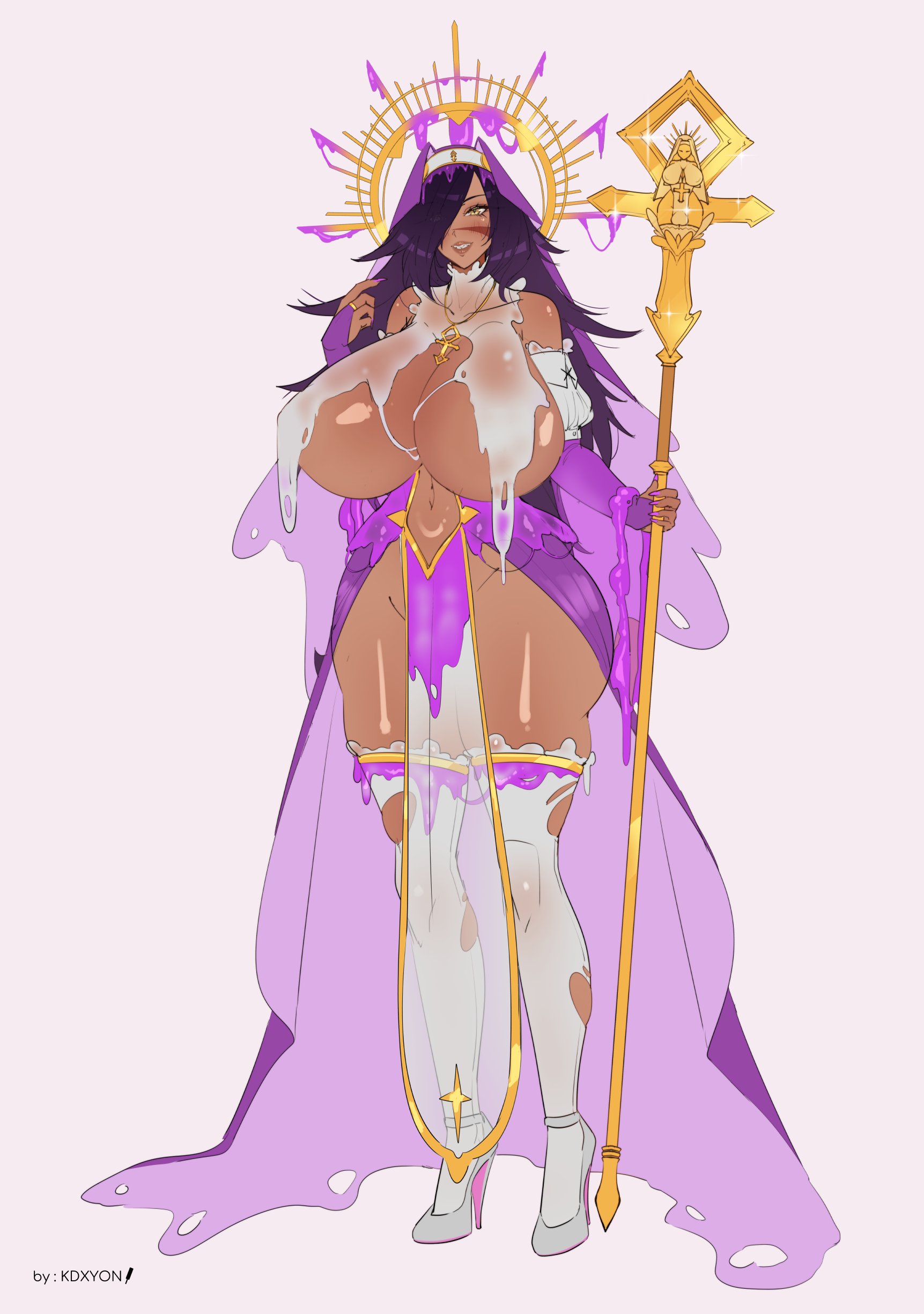 barely clothed, big breasts, breasts, dark-skinned female, female, high heels, kdxyon, nun, priest, see-through clothing, slime
