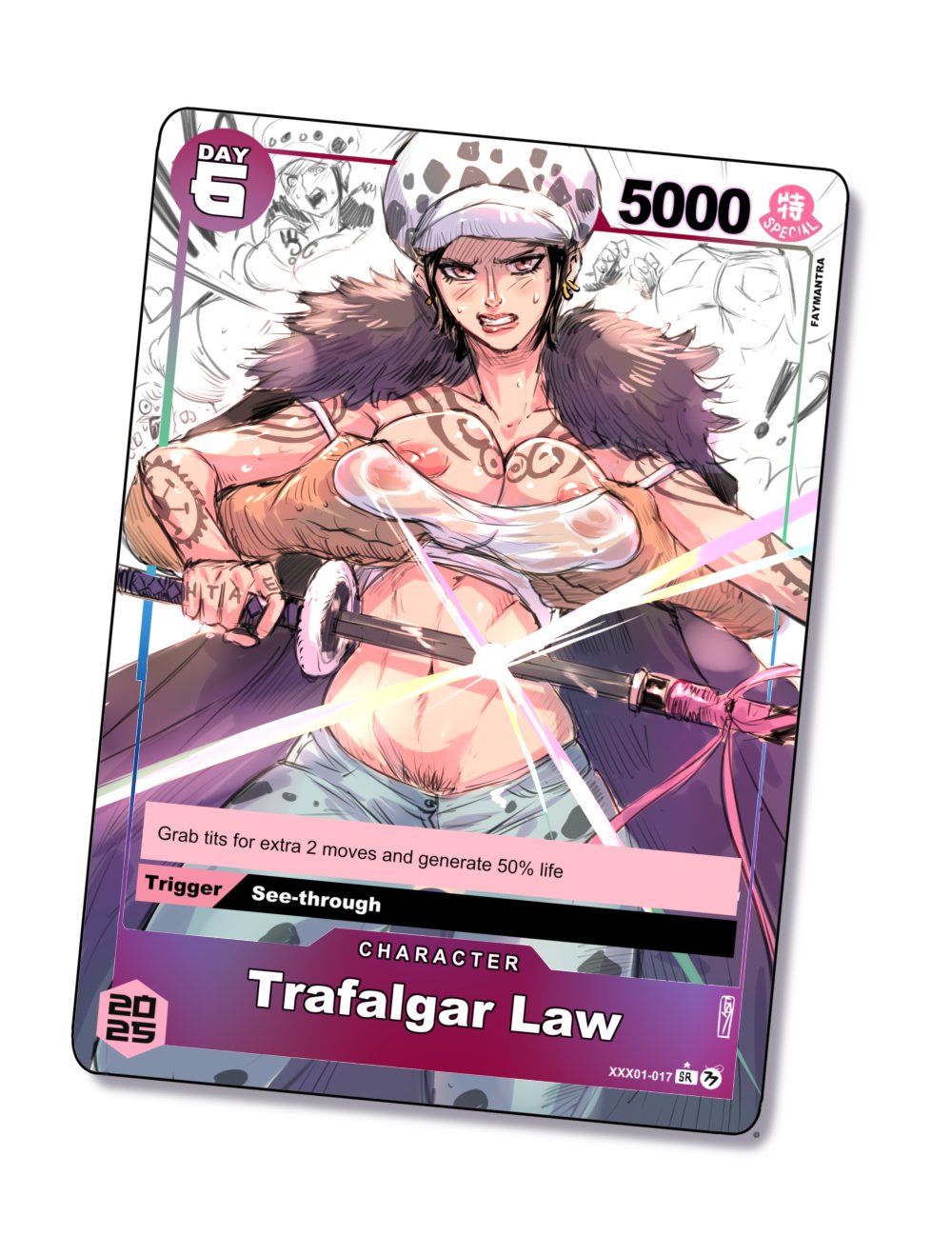 2d, athletic, athletic female, braless, busty, card (medium), denim, faymantra, female, female focus, hourglass figure, inktober, inktober 2025, inktober 2025 (faymantra), jeans, male, no bra, no bra under clothes, no panties, no underwear, one piece, pubic hair, pubic hair peek, rule 63, sex, slim waist, tagme, trafalgar law, trafalgar law (female), wide hips