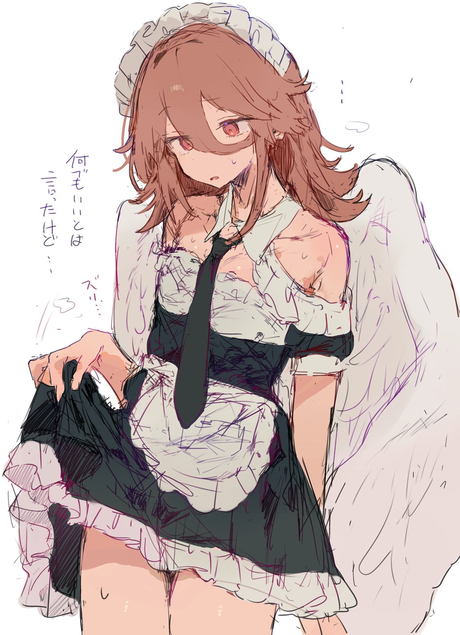 ..., 1boy, angel devil (chainsaw man), black necktie, bunchi, chainsaw man, clothes lift, cowboy shot, crossdressing, crossdressing (mtf), detached collar, dress, dress lift, femboy, frilled dress, frills, hair between eyes, highres, maid, maid headdress, male, male maid, male only, medium hair, necktie, orange eyes, orange hair, otintin, simple background, sketch, solo, sweat, tie, white background