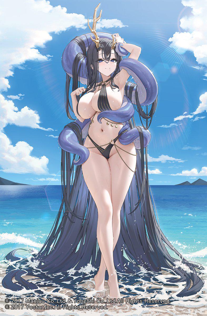 absurdly long hair, antlers, arm up, armpits, azur lane, barefoot, beach, bikini, black bikini, black hair, blue eyes, blue sky, breasts, cg, cleavage, closed mouth, cloud, crossed legs, day, female, full body, golden hind (azur lane), horns, large breasts, legs, long hair, looking at viewer, mole, navel, o-ring, o-ring bikini, ocean, official art, outdoors, sky, solo, standing, stomach, swimsuit, tentacle, thighs, very long hair, water, watson cross, wet
