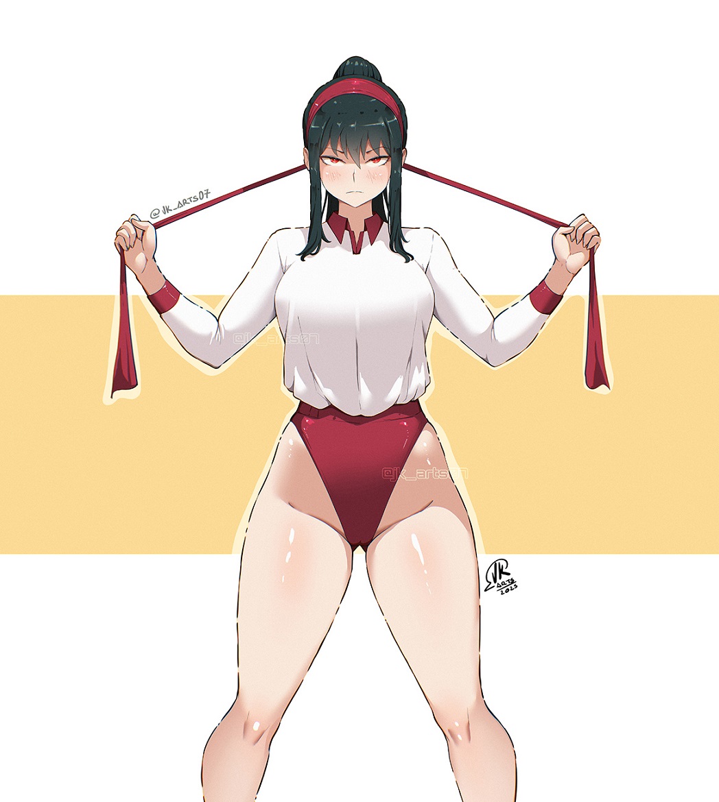 1girls, adjusting hair ornament, ass visible through thighs, bare legs, big breasts, black hair, blush, breasts, buruma, cameltoe, child bearing hips, closed mouth, collar, collared shirt, female, fit female, gym uniform, hair between eyes, hairband, hands up, highleg, highleg buruma, hips, jk arts, jk arts07, large breasts, light skin, light-skinned female, long hair, looking at viewer, married female, milf, mother, ponytail, pussy, pussy visible through clothes, red buruma, red collar, red eyes, red hairband, shirt, shirt tucked in, sidelocks, solo, sportswear, spy x family, thick hips, thick thighs, thighs, volleyball uniform, white shirt, wide hips, yor briar, yor forger