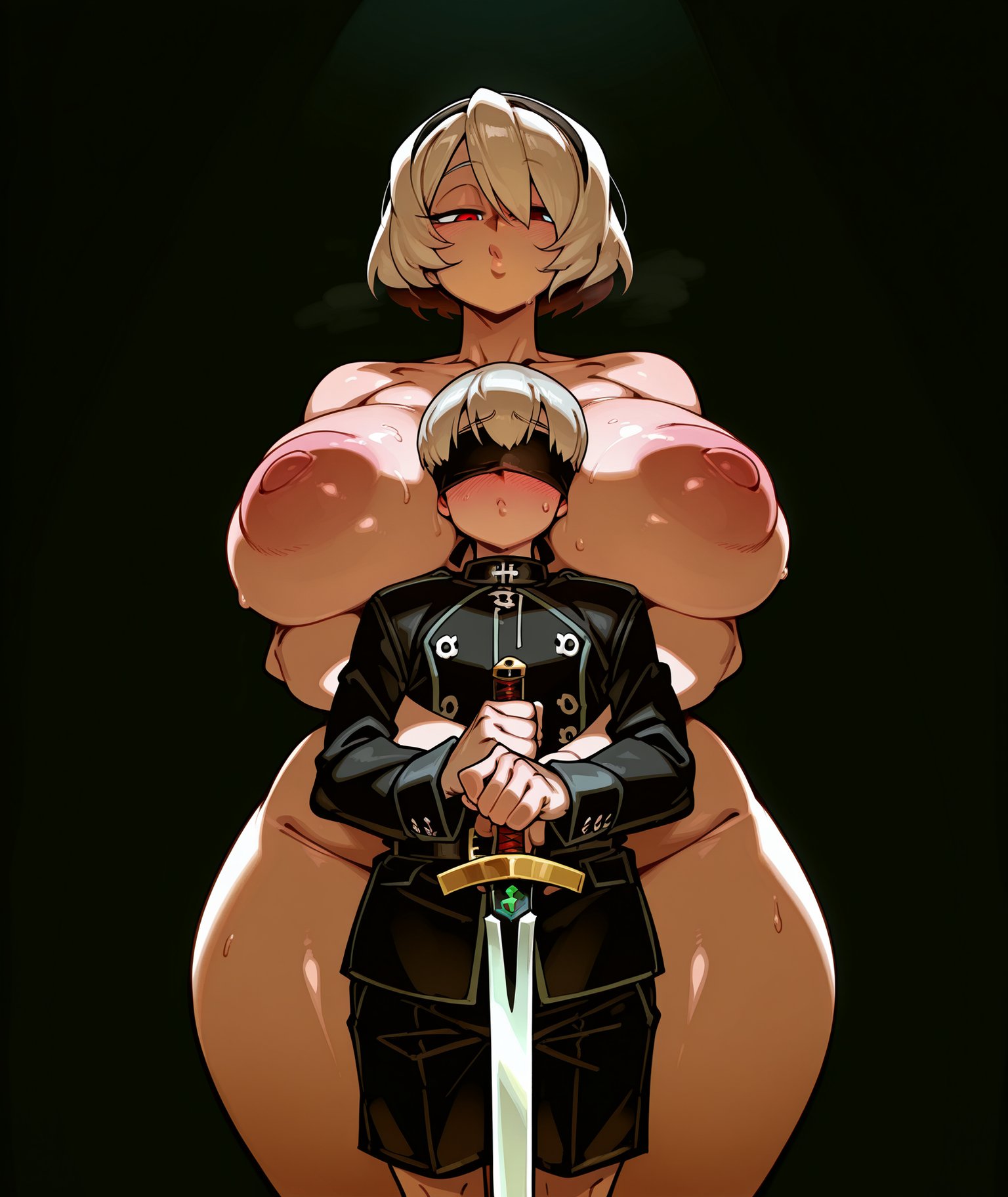 ai generated, ambiguous gender, breasts, futanari, imminent sex, intersex, kilofeet, male, nier: automata, nipples, nude, nude futa, size difference, smaller male, sweat, yorha 2b, yorha 9s