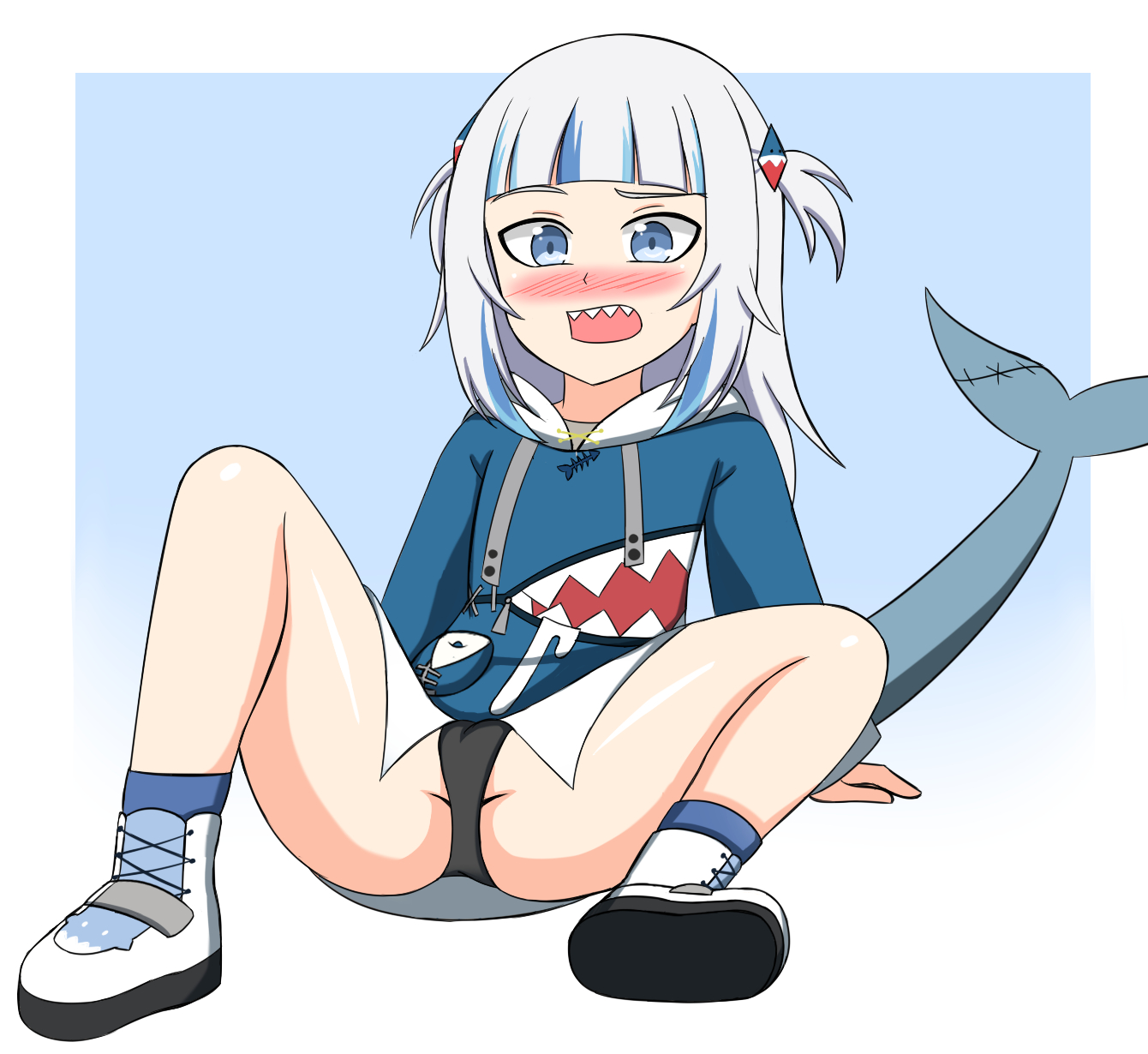 bangs, black panties, blue eyes, blue hoodie, blush, blushing, female, fish tail, gawr gura, gawr gura (1st costume), grey hair, hololive, hololive english, hololive myth, hoodie, open mouth, panties, shark girl, shark tail, shark teeth, sharp teeth, shoes, streaked hair, tail, teeth, virtual youtuber, vtuber, zenostriker