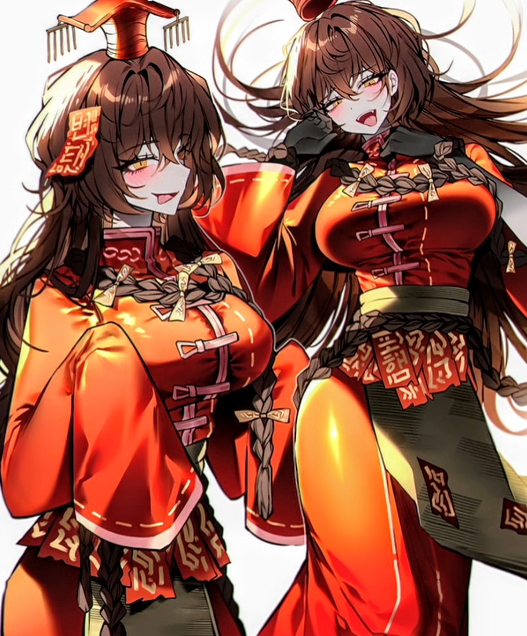 braided hair, breasts, brown hair, concealing clothes, crazy bitch, crazy eyes, female, form fitting, funny little hat, large breasts, limbus company, long hair, long sleeves, mega milkers, not a slut, now these are some beach volleyburrs!, orange eyes, pale skin, pale-skinned female, probably what hongyuan needs?, project moon, rule 63, sleeves past wrists, still would though, talisman, tongue out, xue pan (limbus company), yandere, yay!, yolo