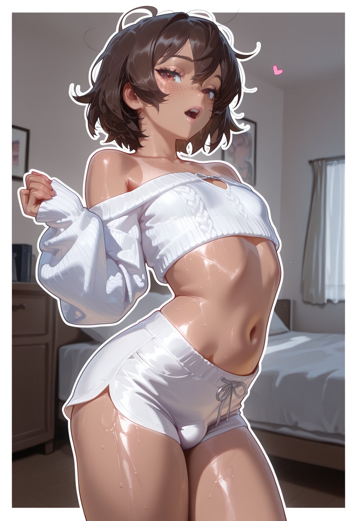 1boy, 1femboy, ai generated, androgynous, brown hair, dark-skinned femboy, dark-skinned male, dark-skinned sissy, dark-skinned sub, femboy, femboy only, kilofeet, male, minishorts, sissy, solo, sweating, tanline