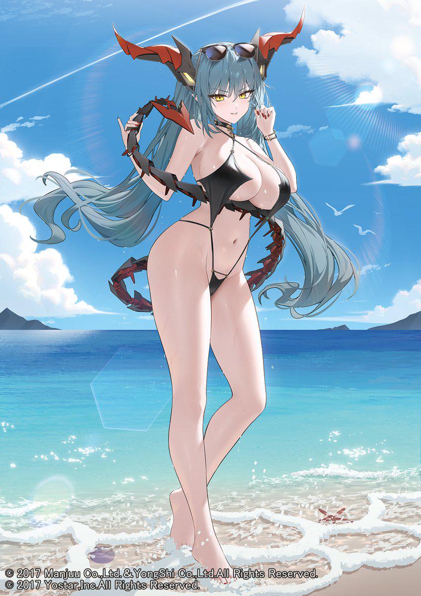 azur lane, bare legs, bare shoulders, barefoot, beach, bird, black choker, black one-piece swimsuit, blue hair, blue sky, bracelet, breasts, cg, choker, cleavage, cloud, day, dragon girl, dragon horns, dragon tail, eyewear on head, feet, female, full body, highleg, horns, jewelry, large breasts, legs, lens flare, long hair, looking at viewer, mechanical horns, mechanical tail, nail polish, navel, ocean, official art, one-piece swimsuit, outdoors, red nails, regensburg (azur lane), regensburg (dark dragon, brilliant beach) (azur lane), sky, solo, standing, starfish, stomach, sunglasses, swimsuit, tail, thighs, toenail polish, toenails, toes, twintails, very long hair, water, wet, yellow eyes