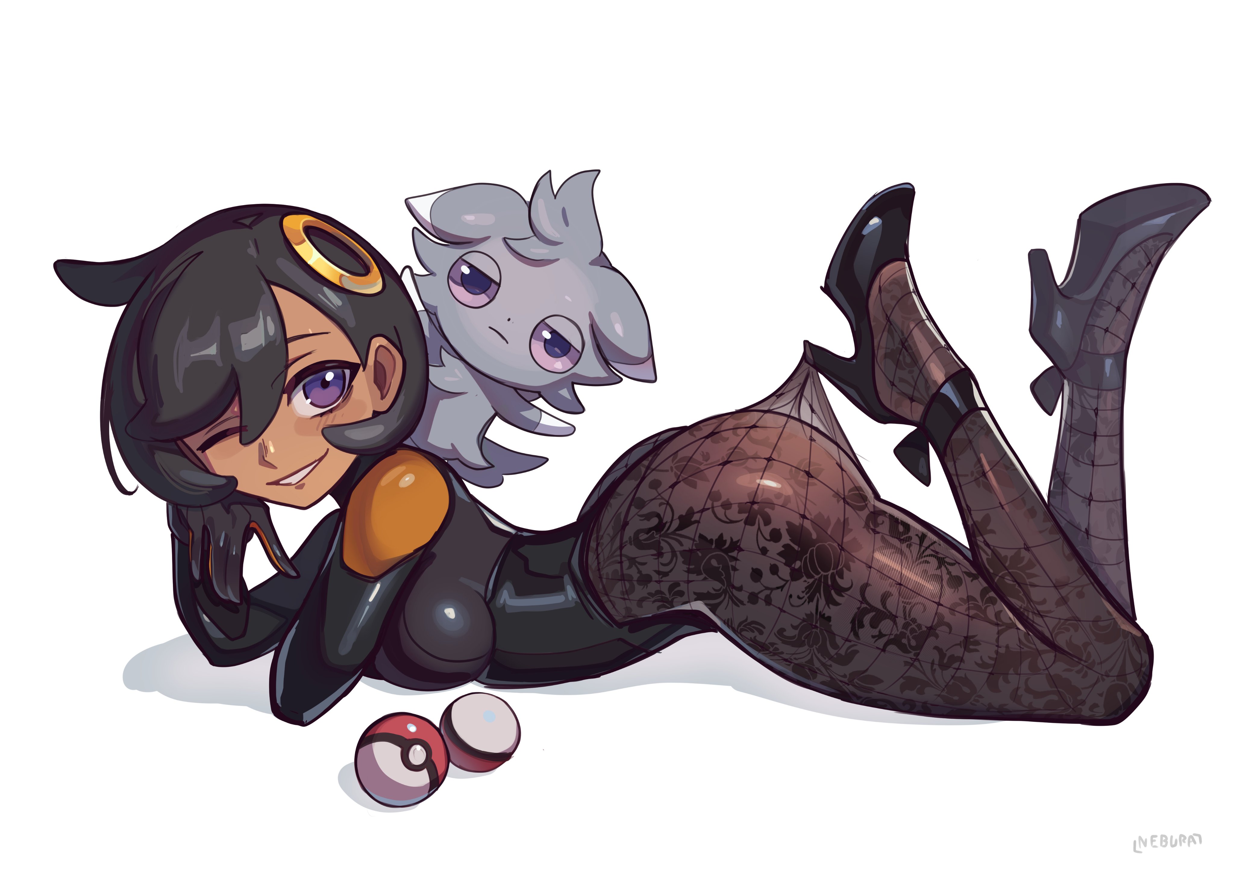 1girls, amule, dark skin, dark-skinned female, emma (pokemon legends: z-a), emma (pokemon), espurr, female, female focus, female only, fishnet pantyhose, fishnets, hair ornament, high heels, lace pantyhose hooked on heel (meme), leotard, lying, lying on stomach, matiere (pokemon legends: z-a), matiere (pokemon), meme, nebura (neburaart), neburaart, nintendo, nyasper, one eye closed, pantyhose, parted lips, pokemon, pokemon legends: z-a, purple eyes, simple background, solo, solo female, solo focus, white background, wink