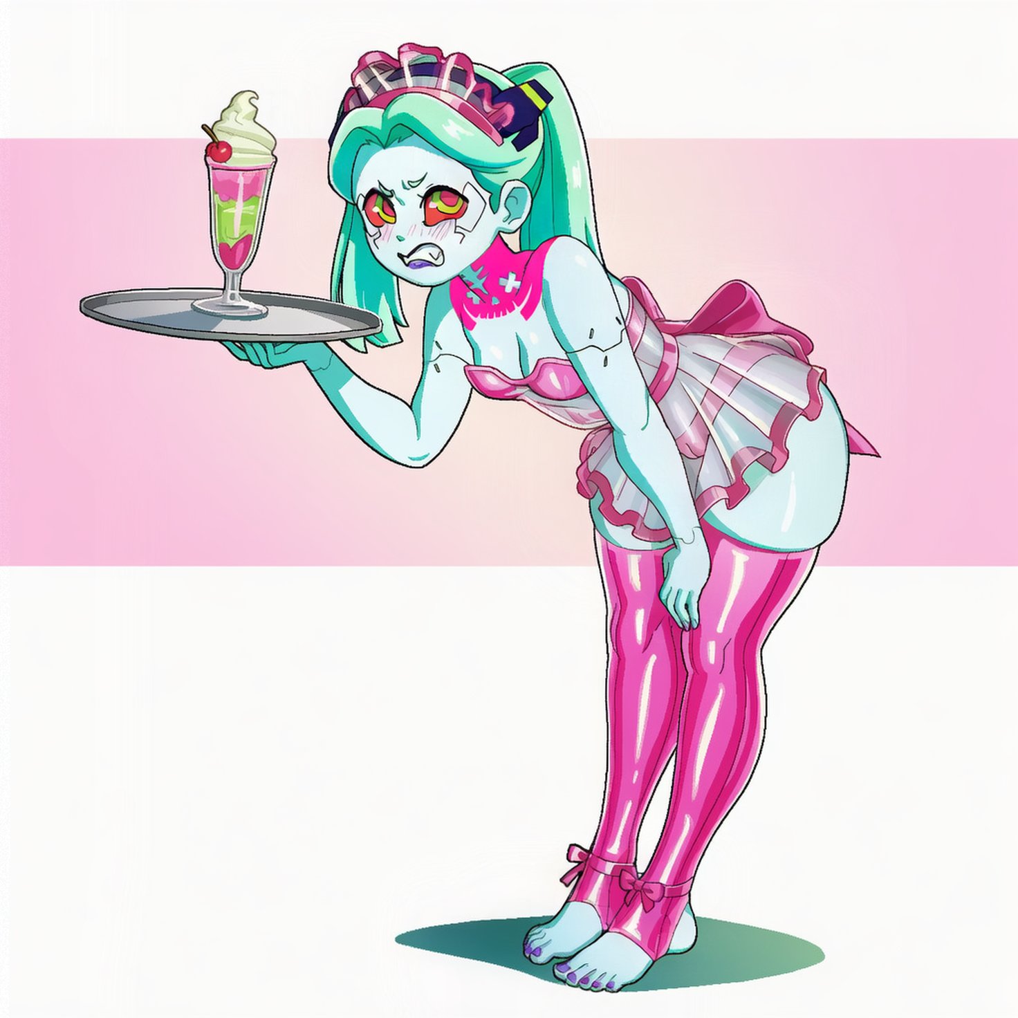 ai assisted, ai generated, android, angry, blue hair, blue skin, blush, cameltoe, cyberpunk 2077, cyberpunk: edgerunners, feet, female, kokenaart, latex, maid, maid uniform, painted nails, rebecca (edgerunners), robot joints, stirrup legwear, thighhighs, translucent clothing, twintails