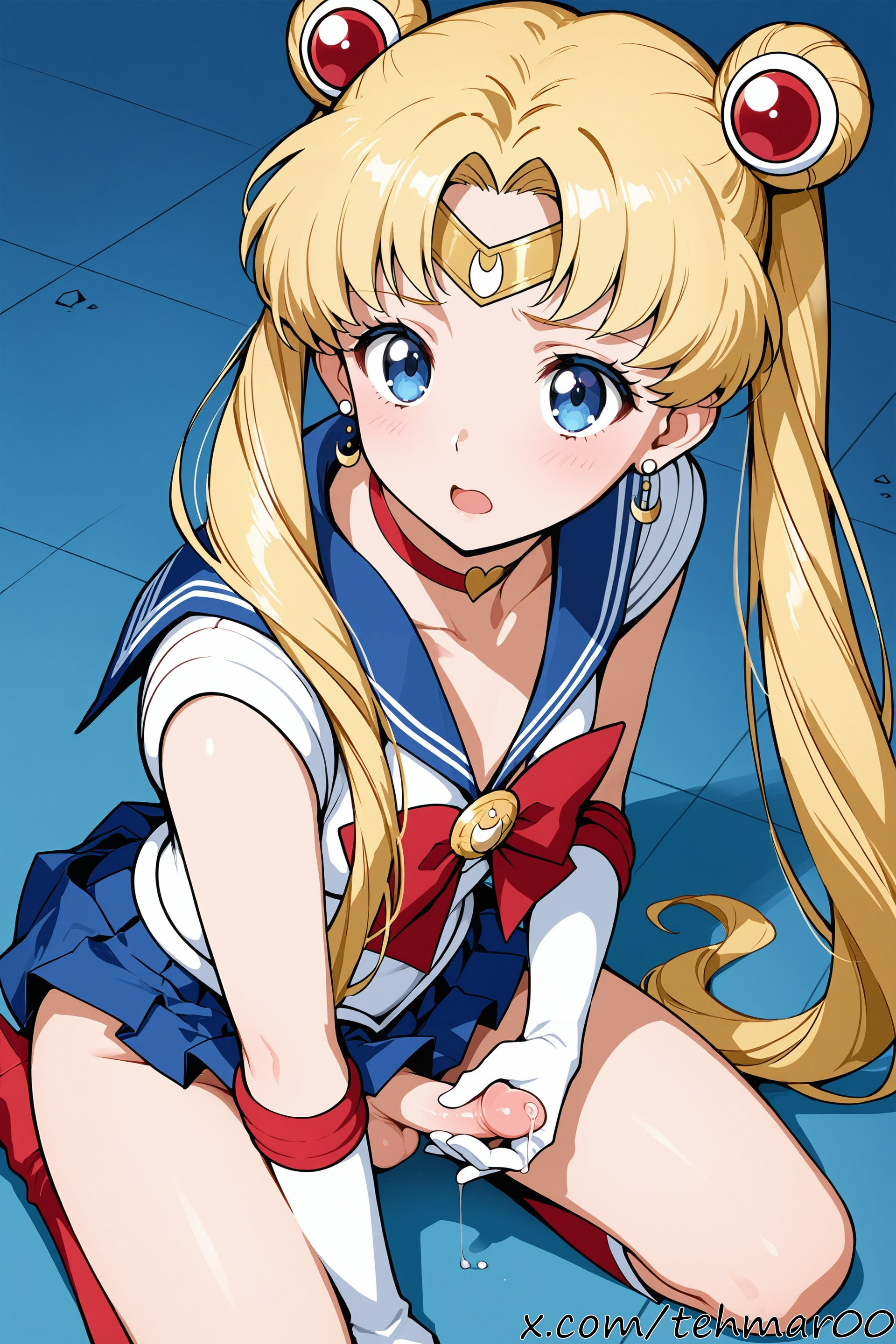 1boy, ai generated, balls, bangs, bishoujo senshi sailor moon, blonde hair, blue eyes, blue sailor collar, blue skirt, blush, bow, choker, circlet, collarbone, crescent, crescent earrings, cum, double bun, earrings, elbow gloves, erection, eyebrows visible through hair, femboy, genderswap (ftm), gloves, hair ornament, hair over shoulder, heart, heart choker, jewelry, long hair, male, masturbation, open mouth, parted bangs, penis, red choker, rule 63, sailor collar, sailor moon, sailor moon redraw challenge, sailor senshi uniform, skirt, solo, tagme, tehmar, testicles, tile floor, tiles, trans woman, transfem, trap, twintails, usagi tsukino, white gloves